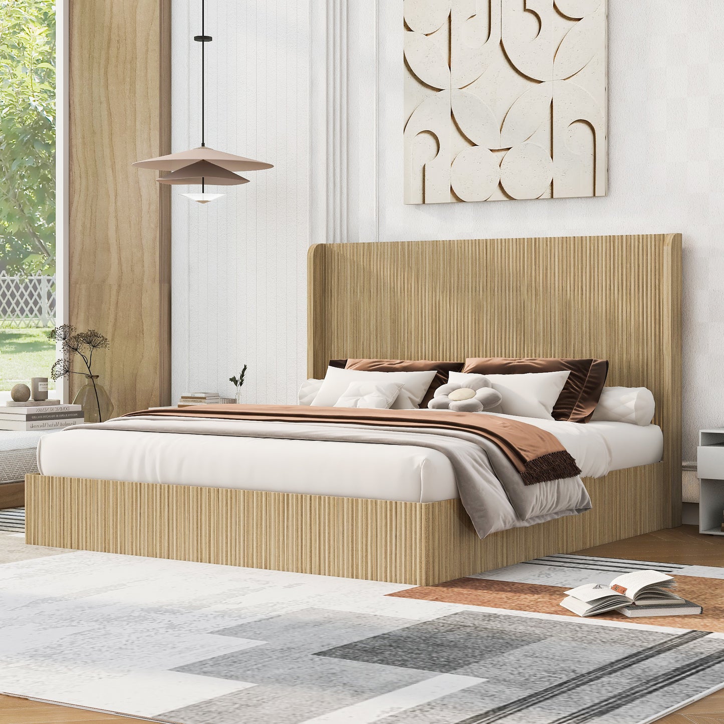 Angled view of natural wood king bed frame with pendant light and rug