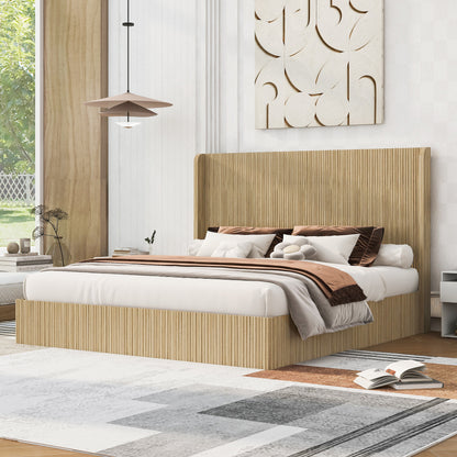 Angled view of natural wood king bed frame with pendant light and rug