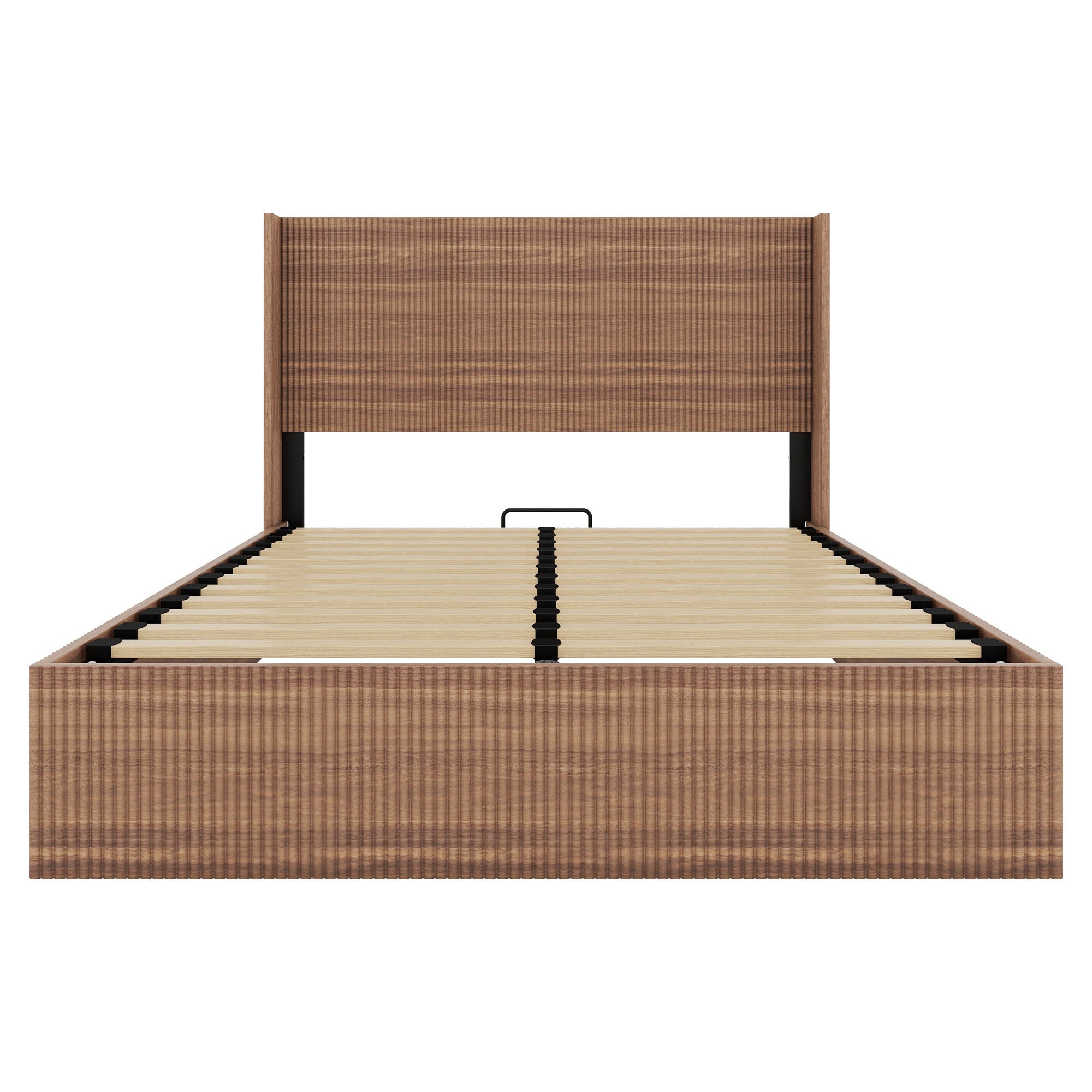 Front view of the bare natural wood queen storage bed frame, wood slats and fluted headboard