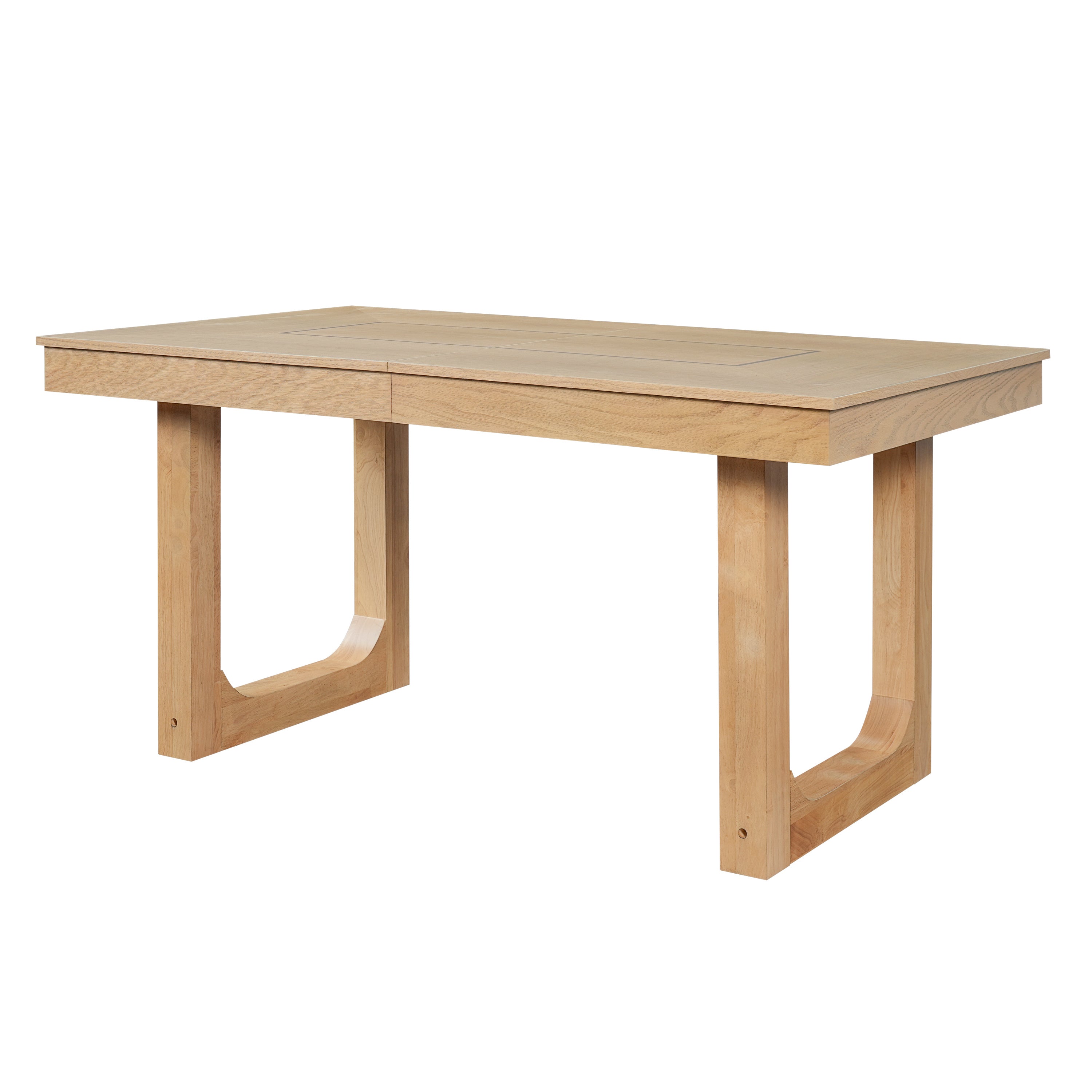 Three-quarter studio view of the natural oak farmhouse dining table on white
