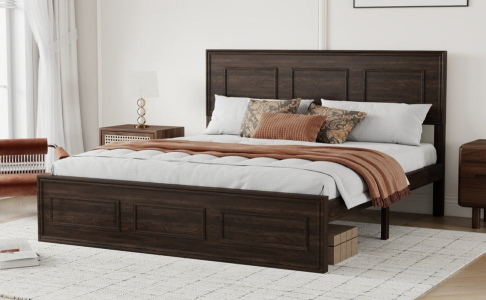 Angled view of rich brown wood queen bed with rust throw between two nightstands #Color_Rich Brown