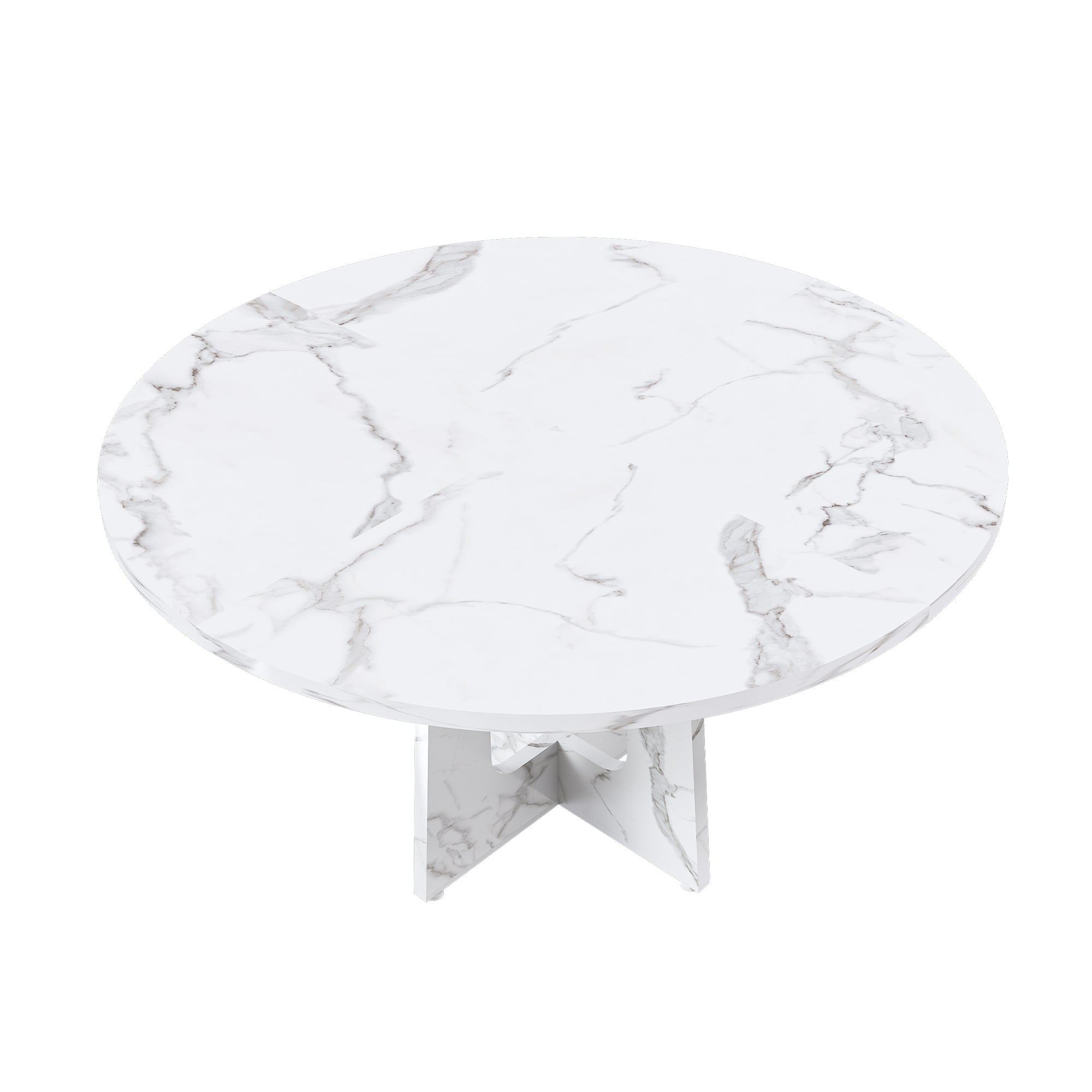 White faux marble round tabletop with cross pedestal base on a plain white background, overhead angled view
