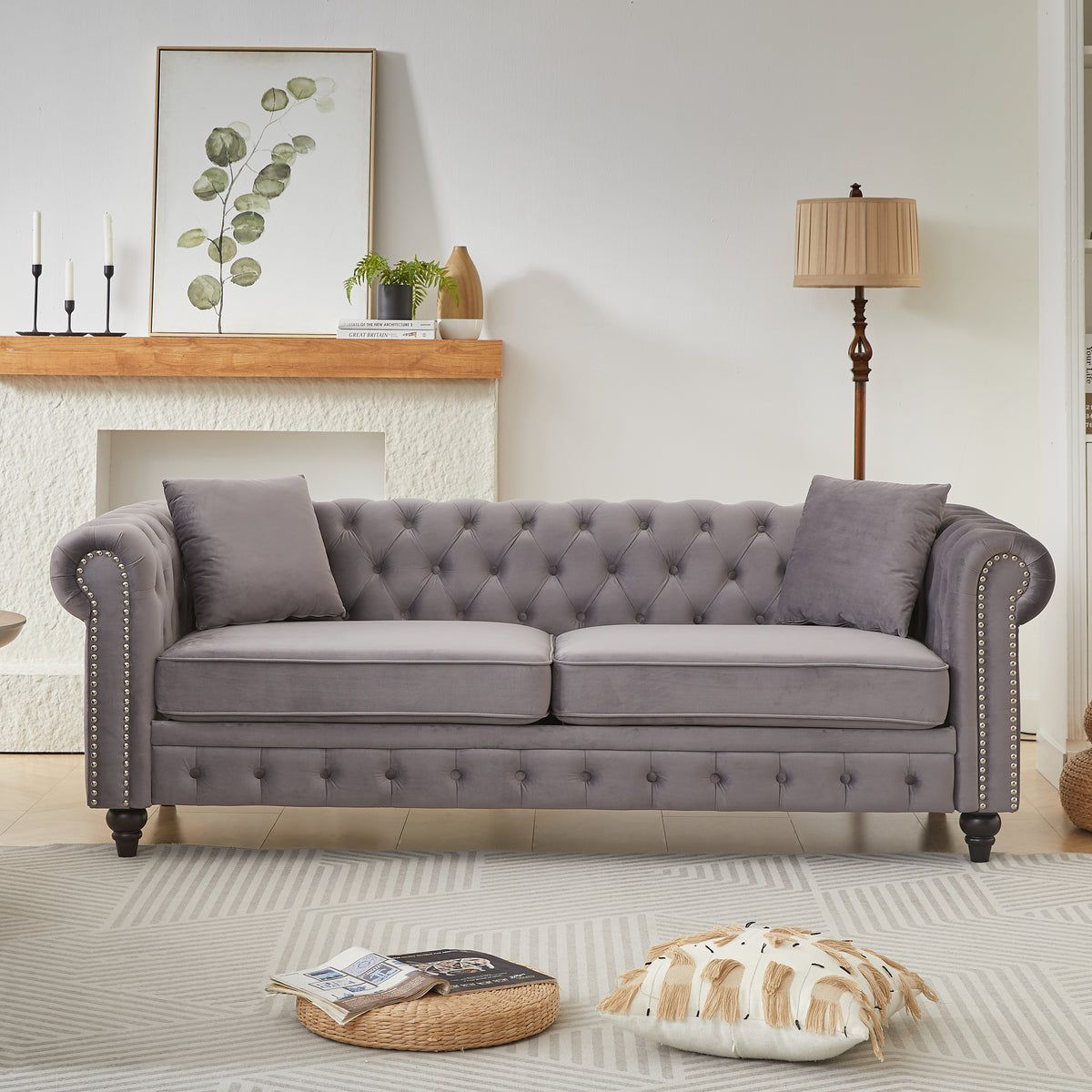 Gray Velvet 3-Seat Chesterfield Sofa, 85.5 in Wide