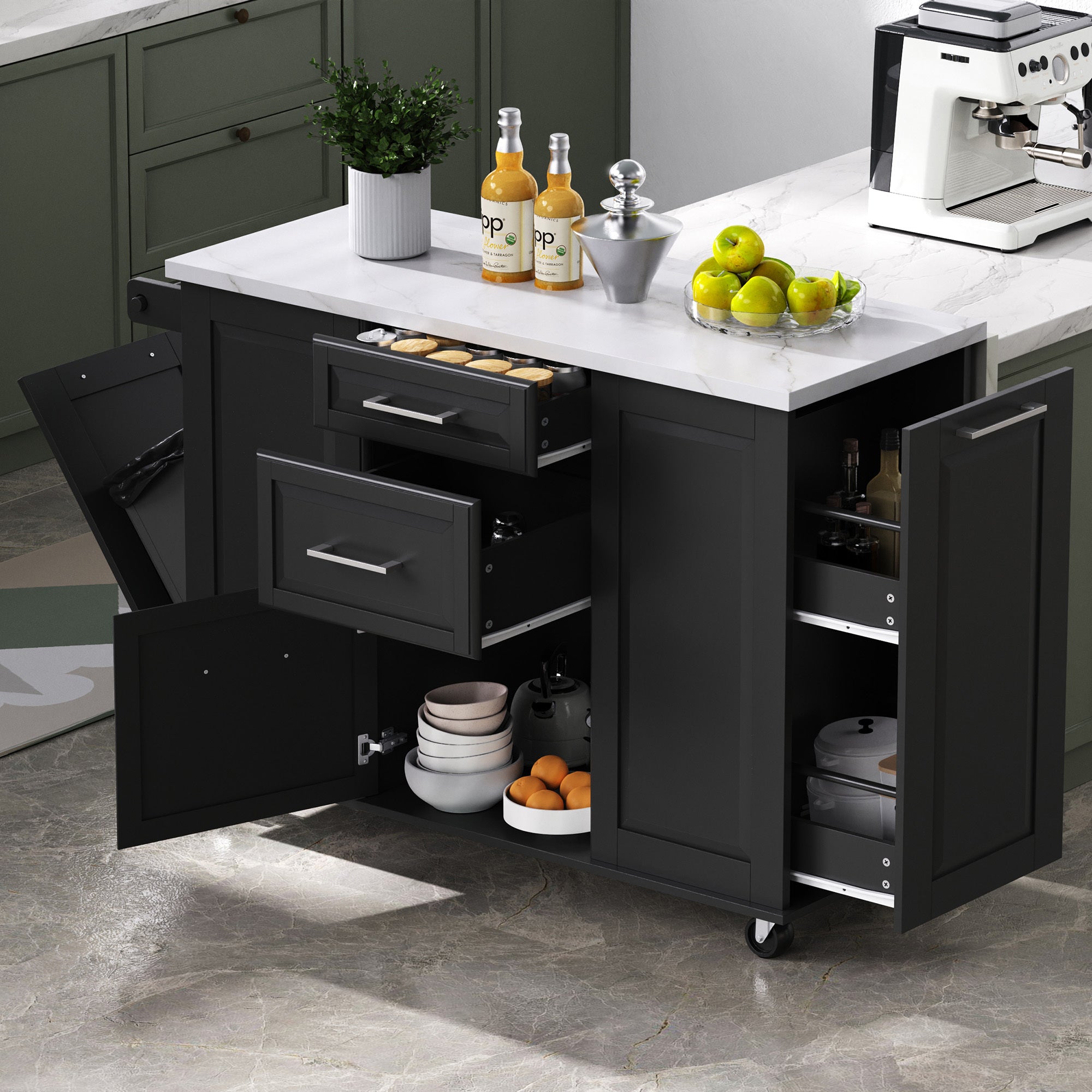 50.7'' Kitchen Island, Black, Trash Cabinet & Drop-Leaf, 2 Drawers