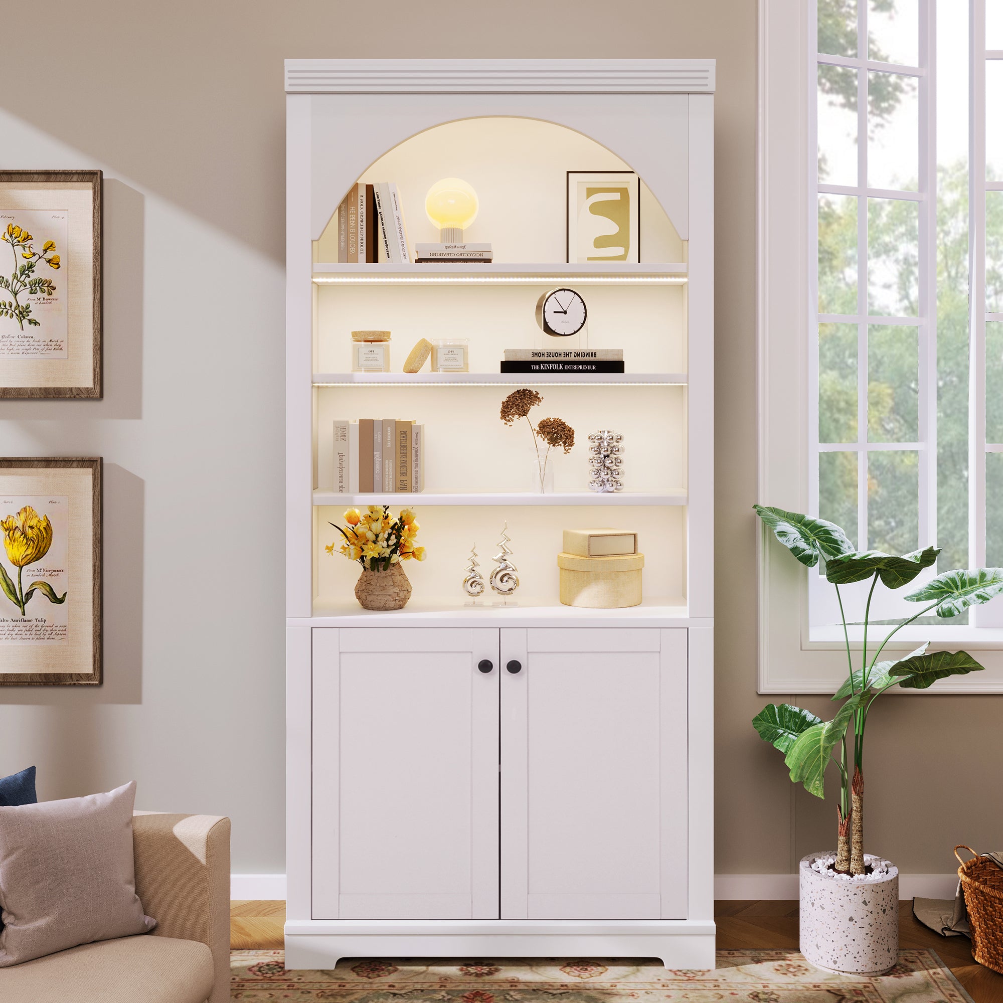 Modern Bookcase with Doors and Adjustable Shelves, 31.5 in, White