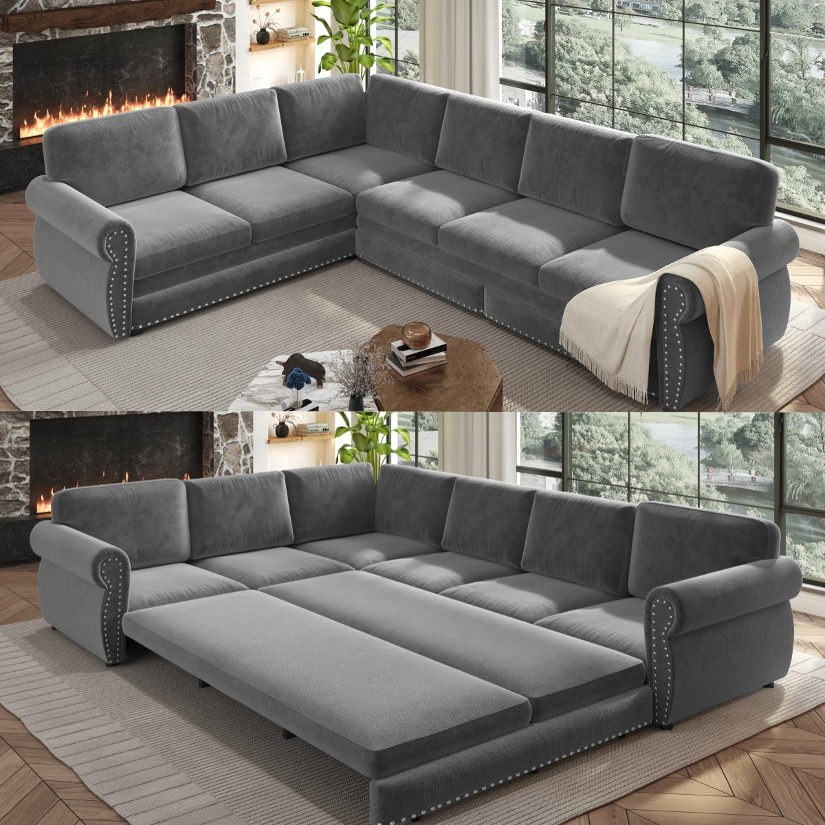 Light Gray Chenille L-Shaped Sleeper Sectional, 118 in Wide