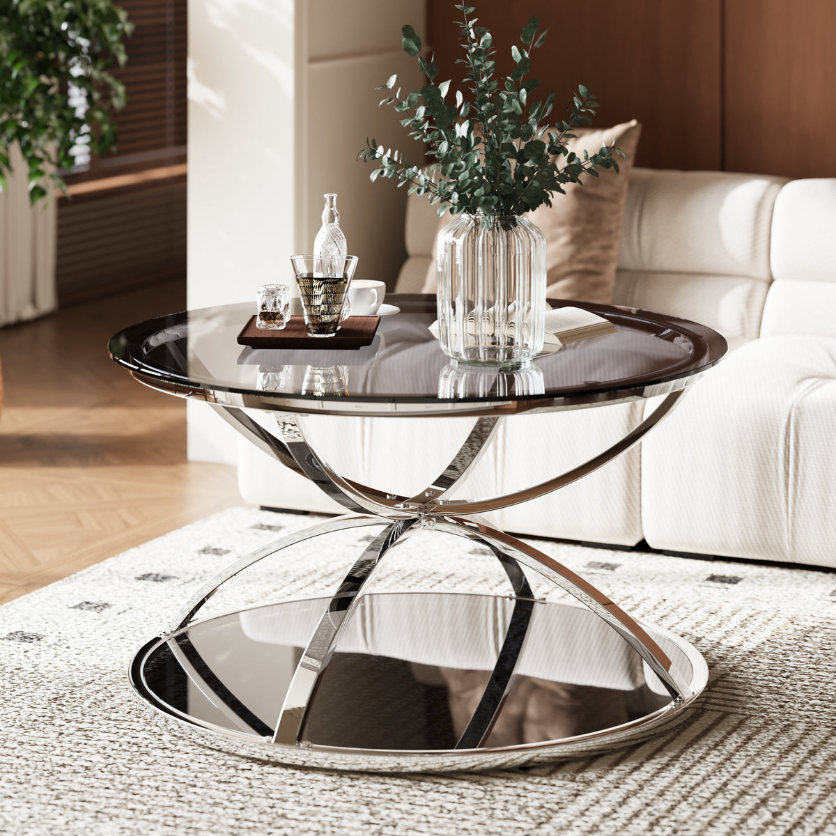Silver Glass Top Round Coffee Table, 31.5 in