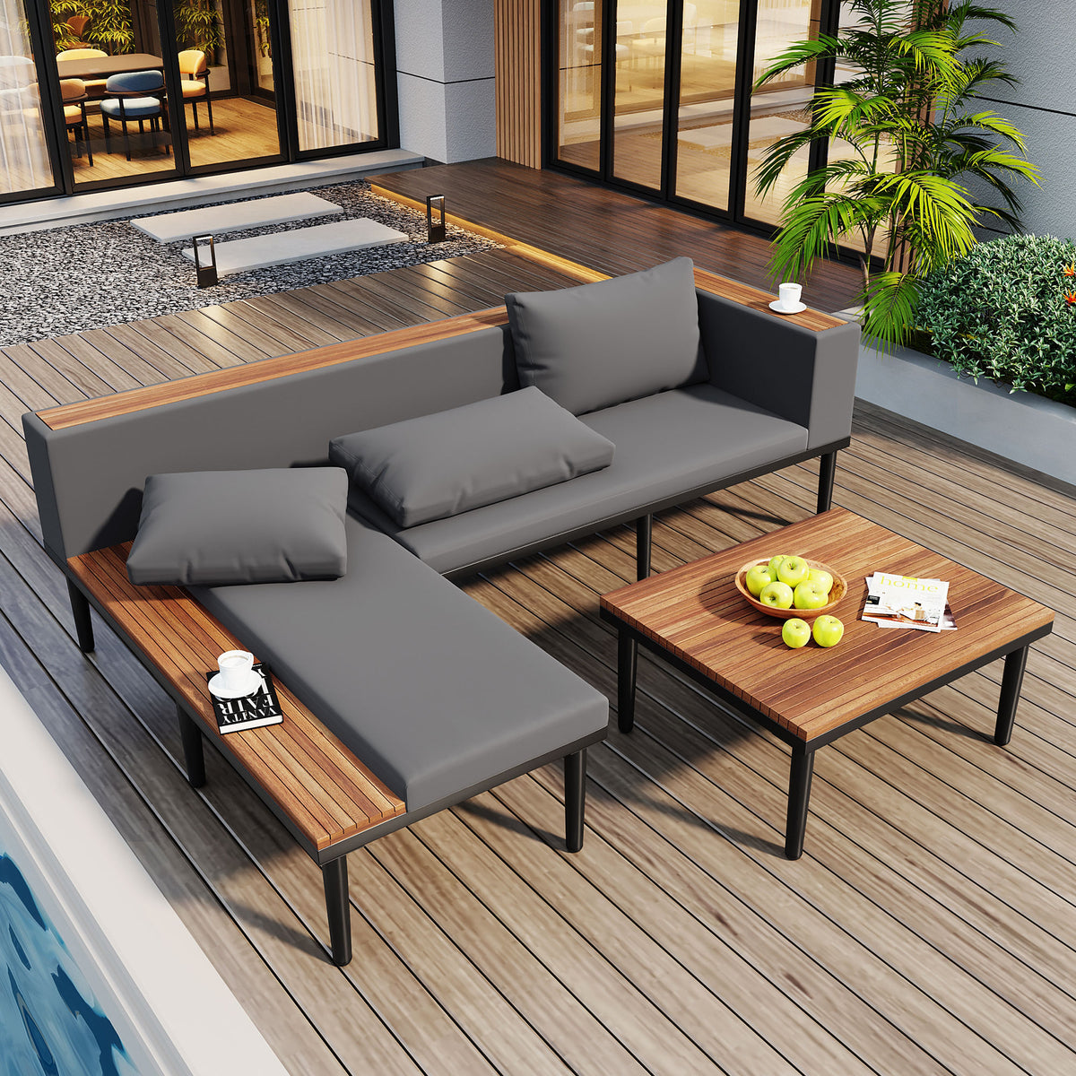 Gray Solid Wood Outdoor Sofa Set for 6 with Cushions