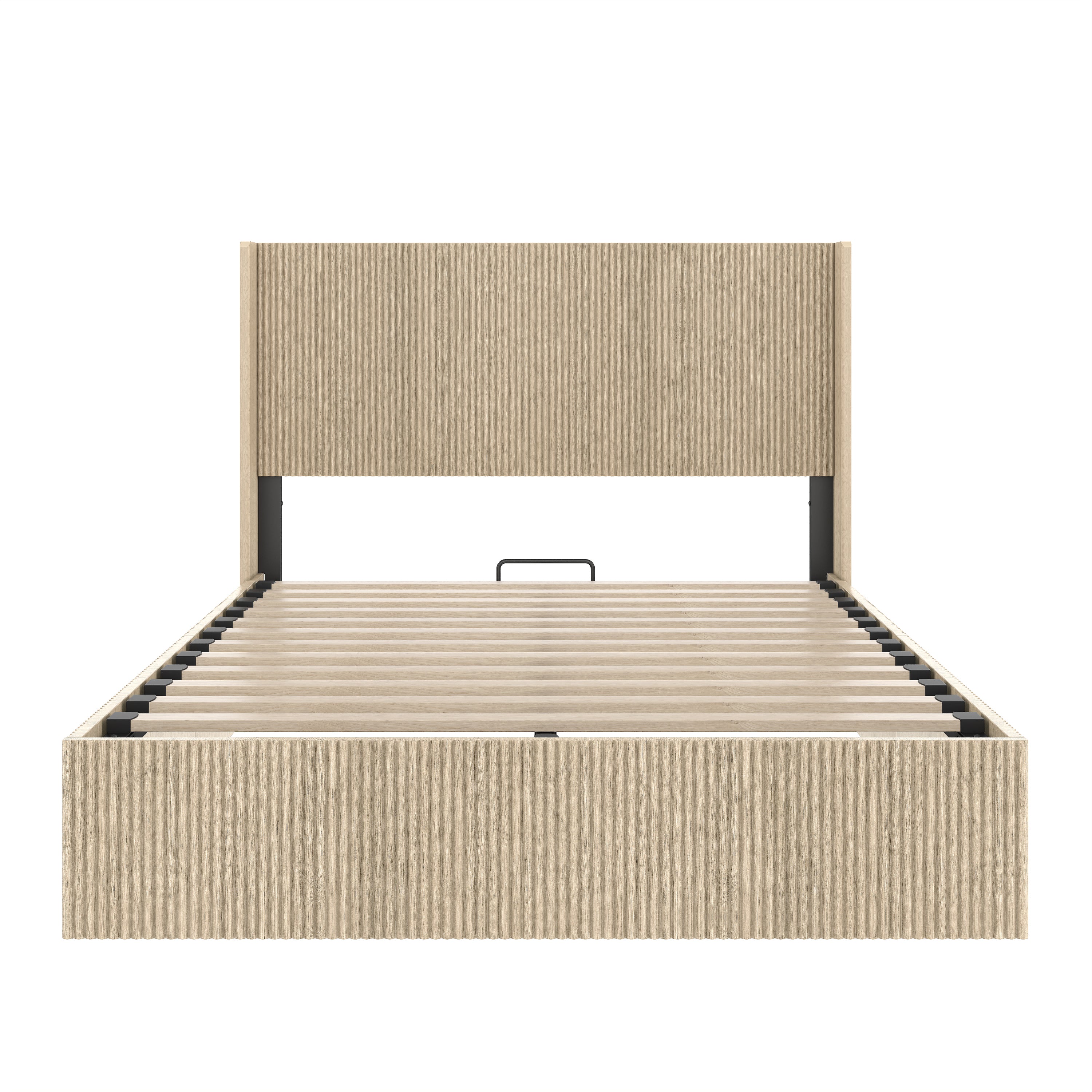 Bare oak platform bed frame, front view, wood slats and fluted headboard with the lift handle