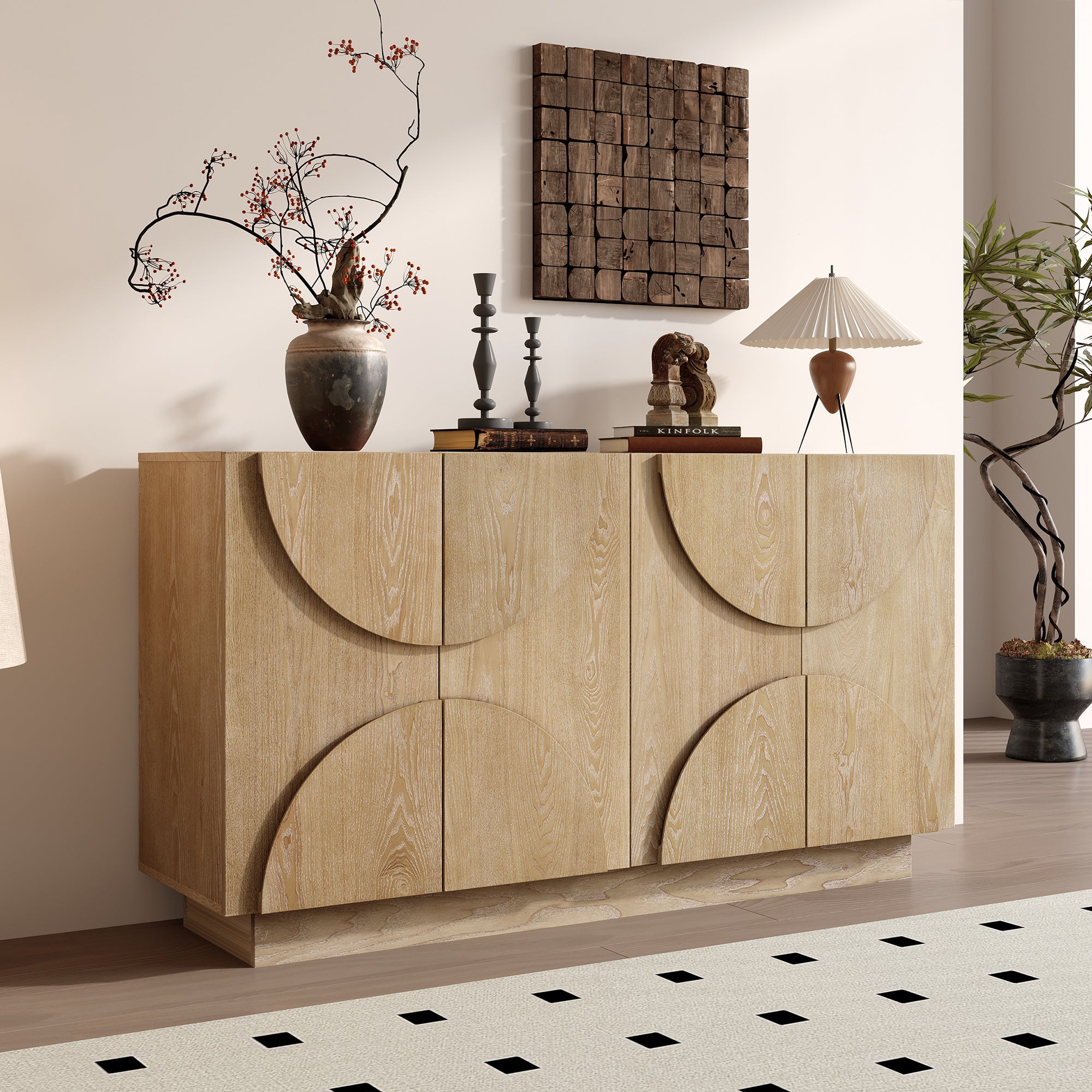 Wood Sideboard Buffet, 56 in Natural, 4 Doors & Adjustable Shelves