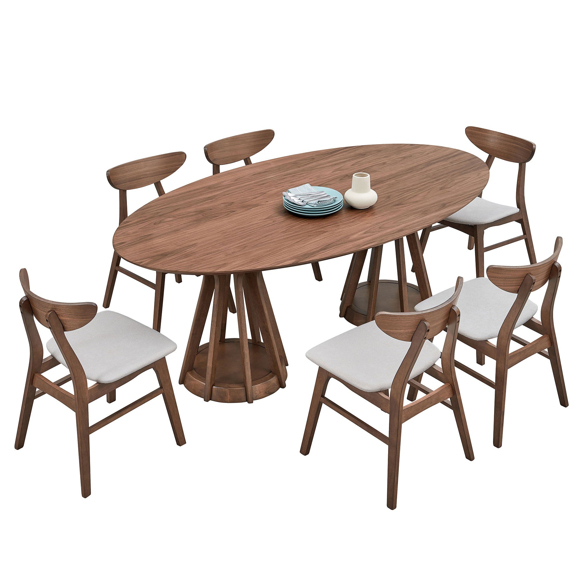 Walnut oval pedestal dining table set with six chairs and light seats on white