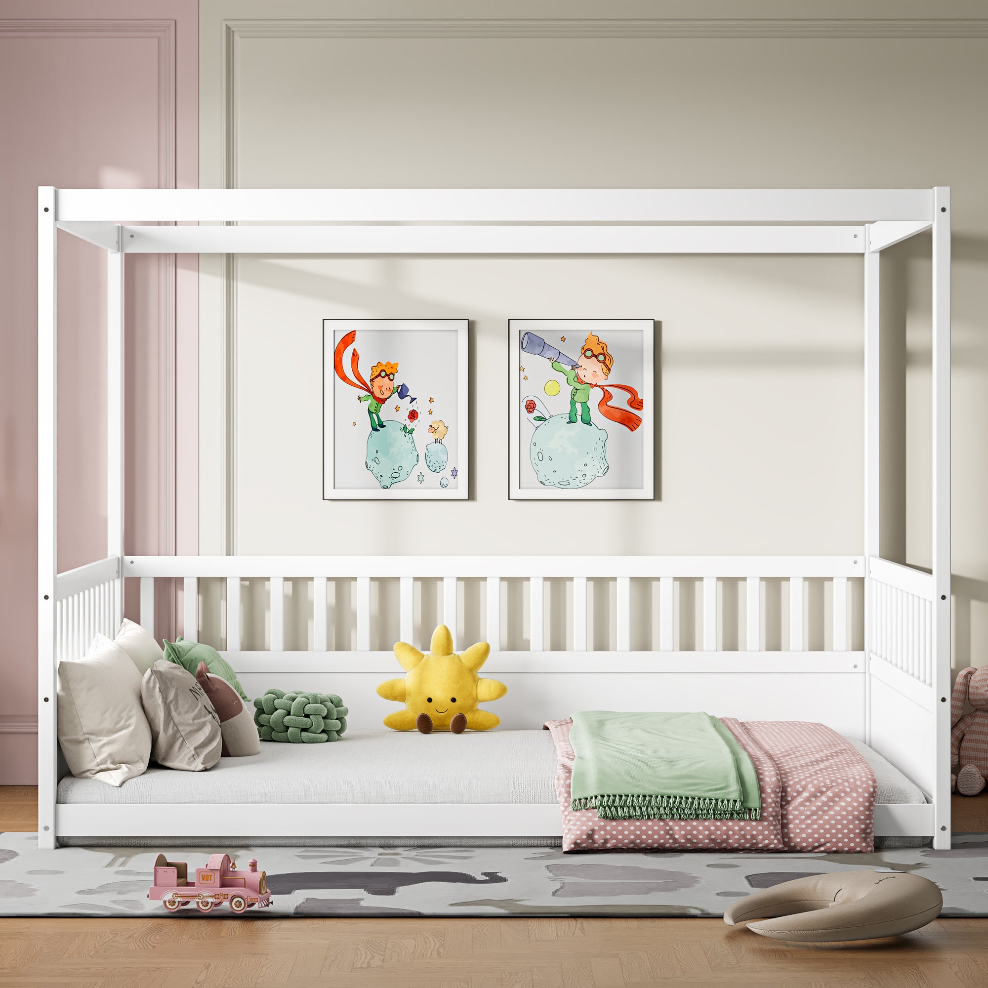 Full Size Four Poster Canopy Bed, White Wood