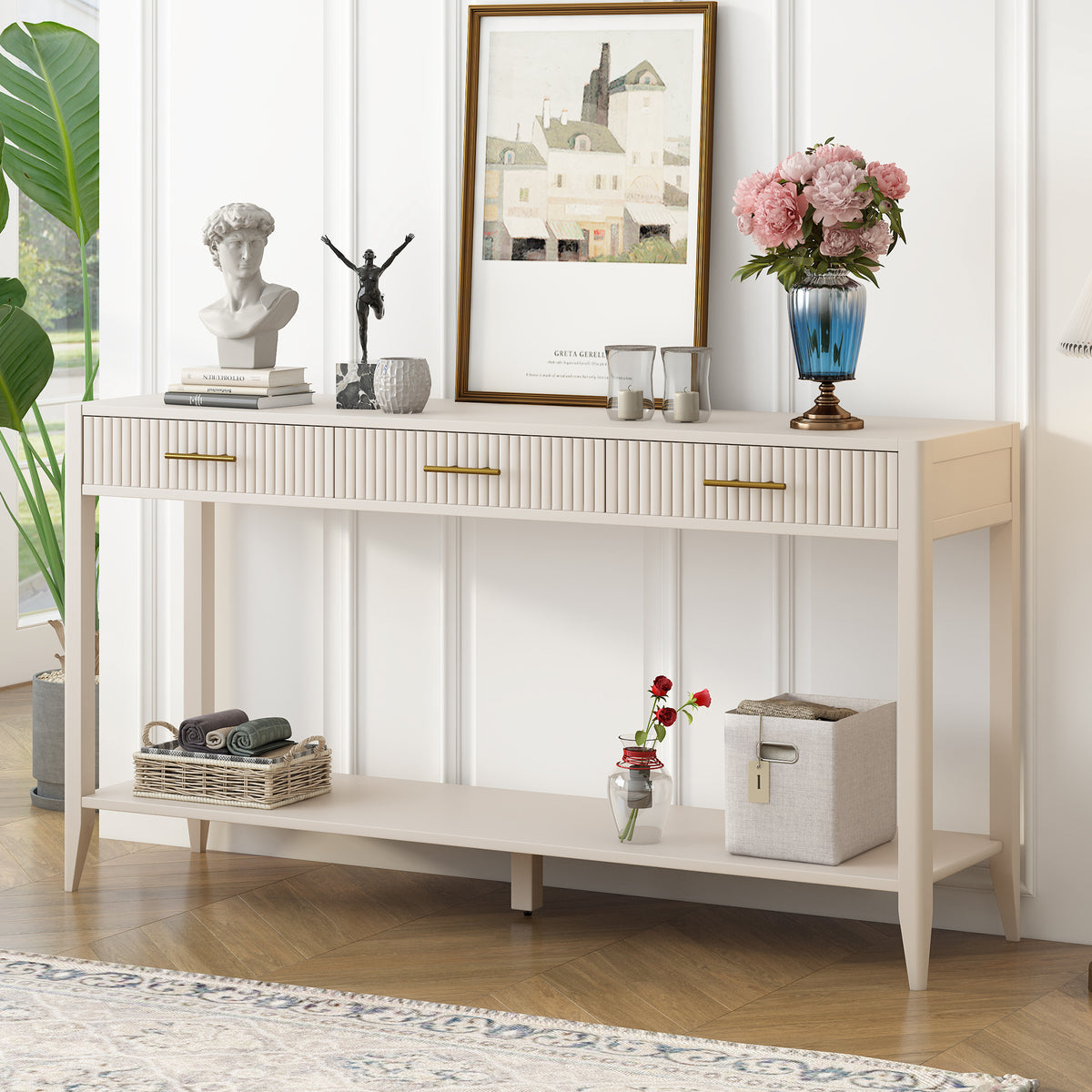 Beige Entryway Console Table, 3 Drawers, 60 in Wide