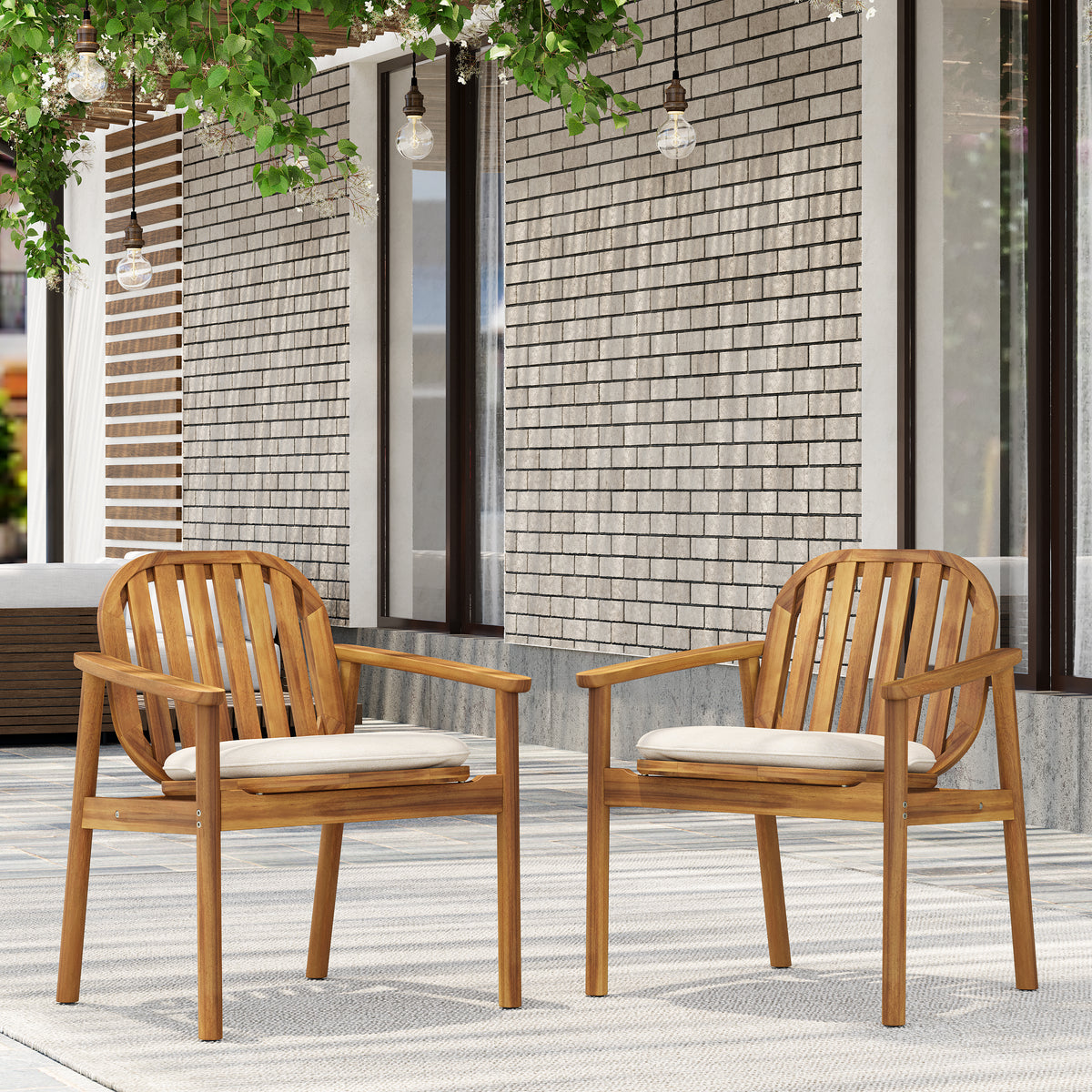 Teak Finish Solid Wood Outdoor Dining Chair with Cushions, Set of 2, 33 in Tall