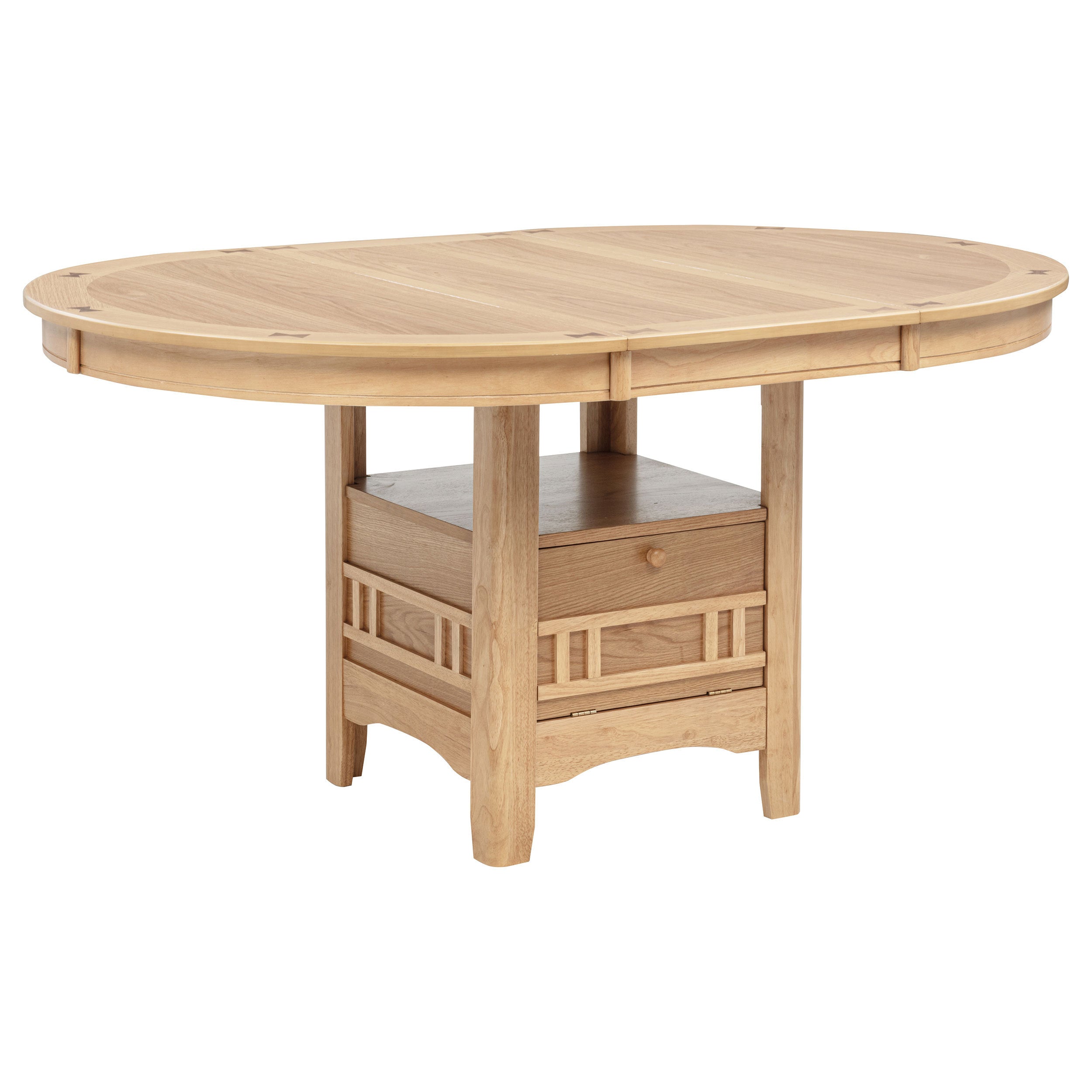 Light oak oval extension dining table with storage drawer base, three-quarter view on white studio background