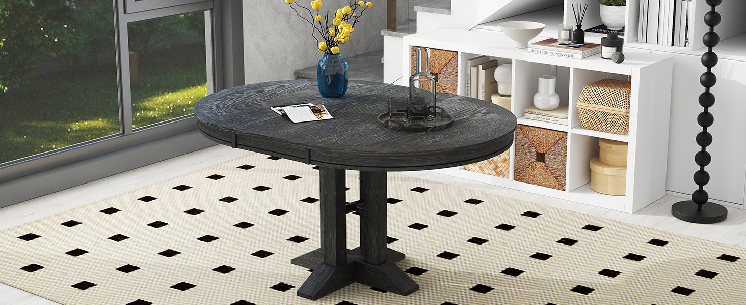 Overhead view of the oval-extended table in a styled room