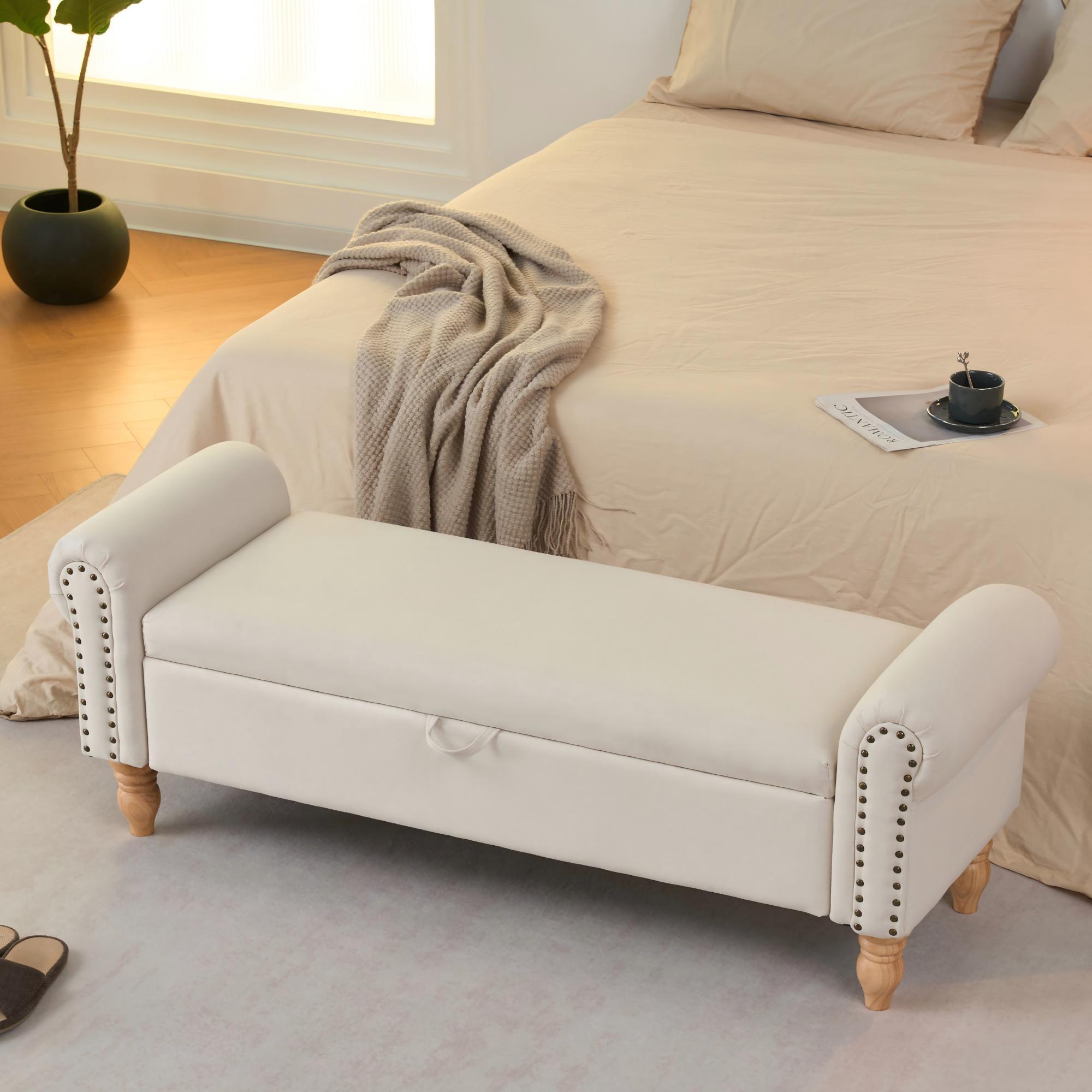 Storage Bench with Rolled Arms, Beige Fabric and Nailhead Trim