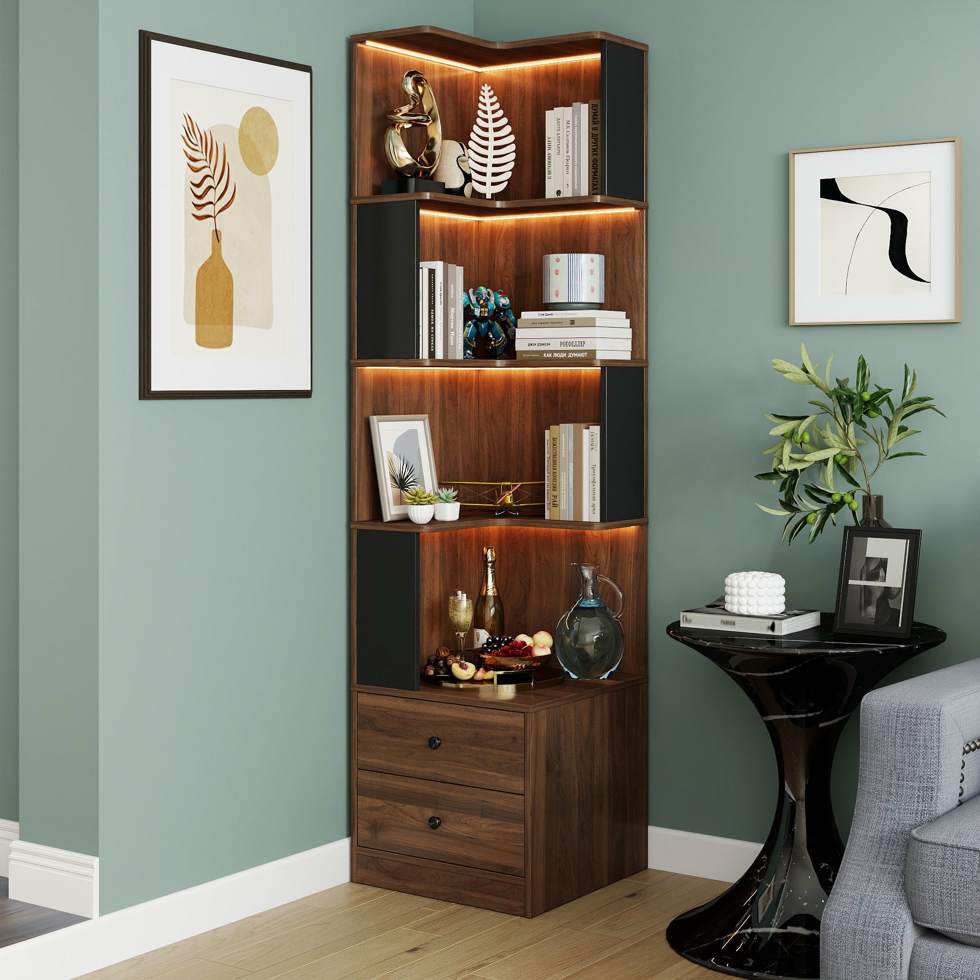 L-Shaped Bookcase with LED Lighting, 17.7 in, Black