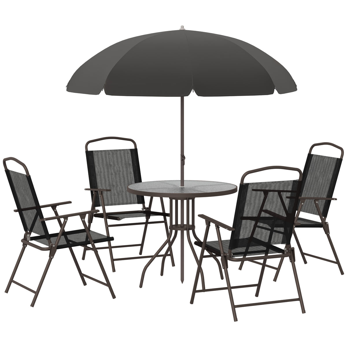 Black Metal Patio Dining Set for 4 with Umbrella, Glass Top