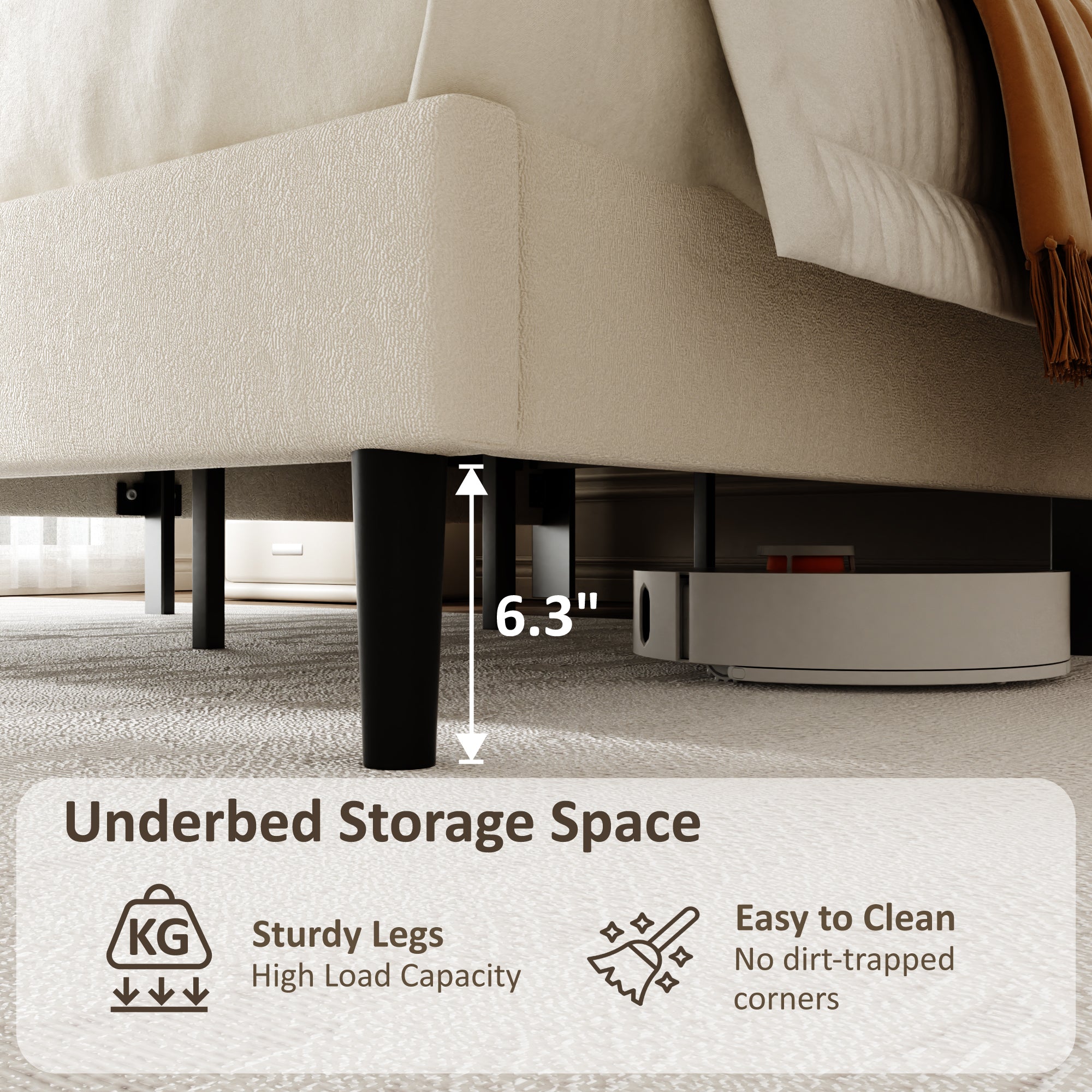 Close-up of black metal legs showing under-bed clearance space