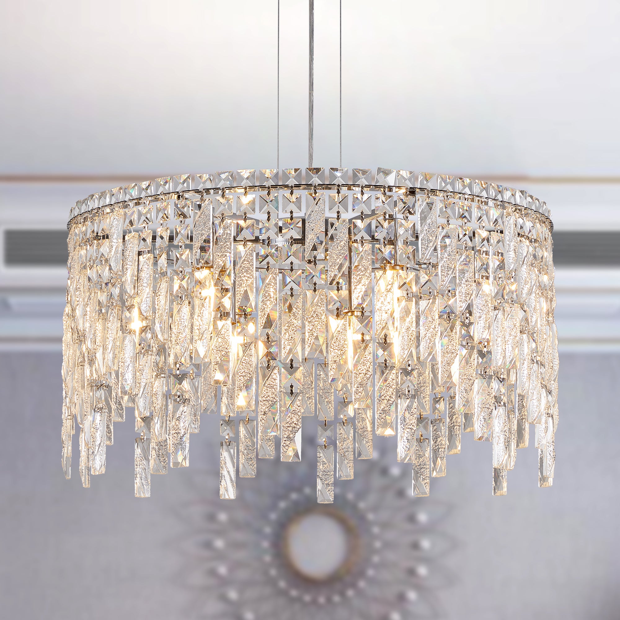 Chandelier, 9-Light Round Crystal, Chrome Finish