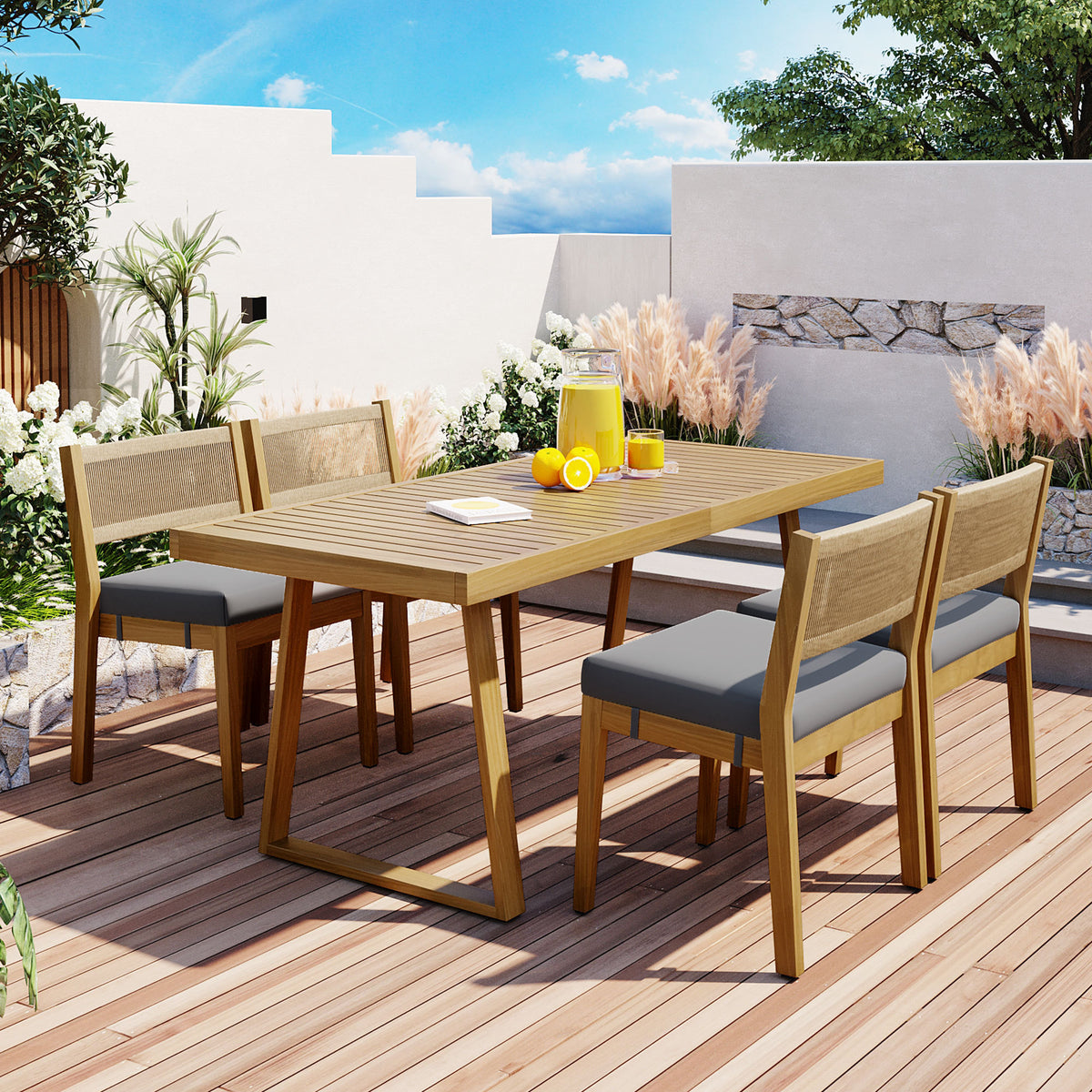 Gray Solid Wood Patio Dining Set with Cushions
