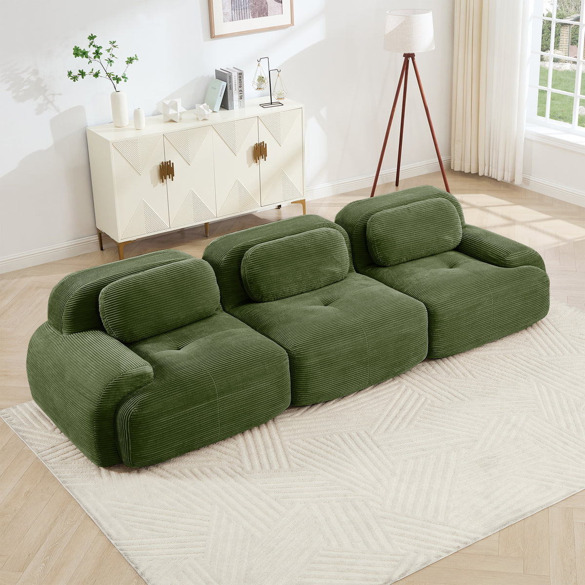 Olive Green Corduroy Modular 3-Seat Curved Sofa