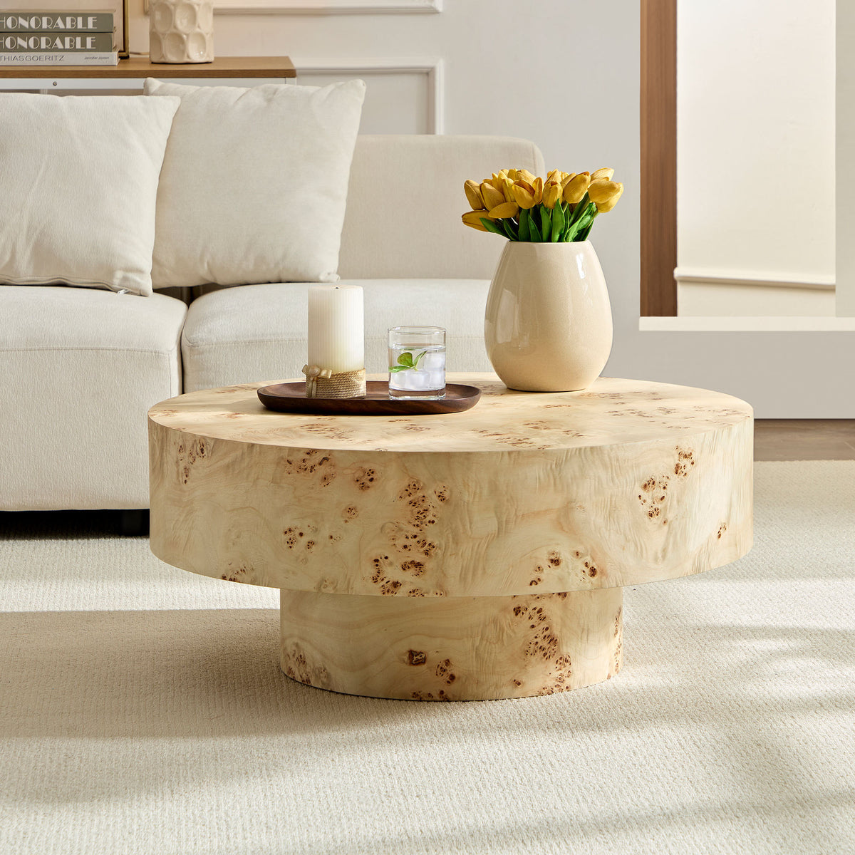 Natural Round Coffee Table, 31.5 in, Burl Wood