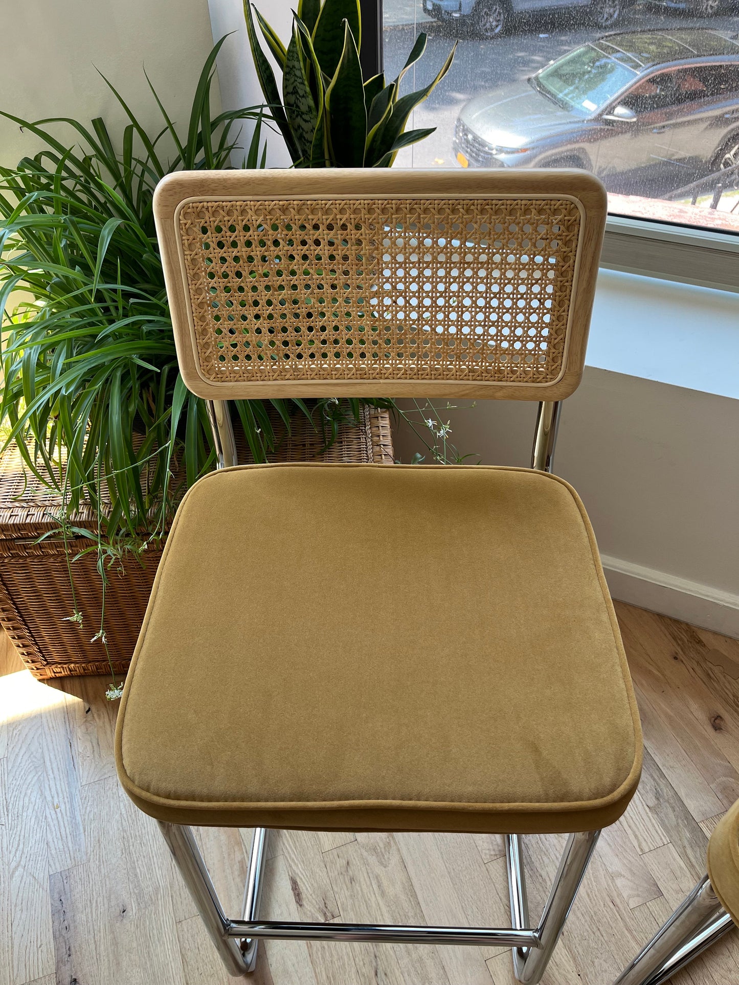 Rattan Counter Stools Set of 2 – Stainless Steel Legs & Yellow Velvet