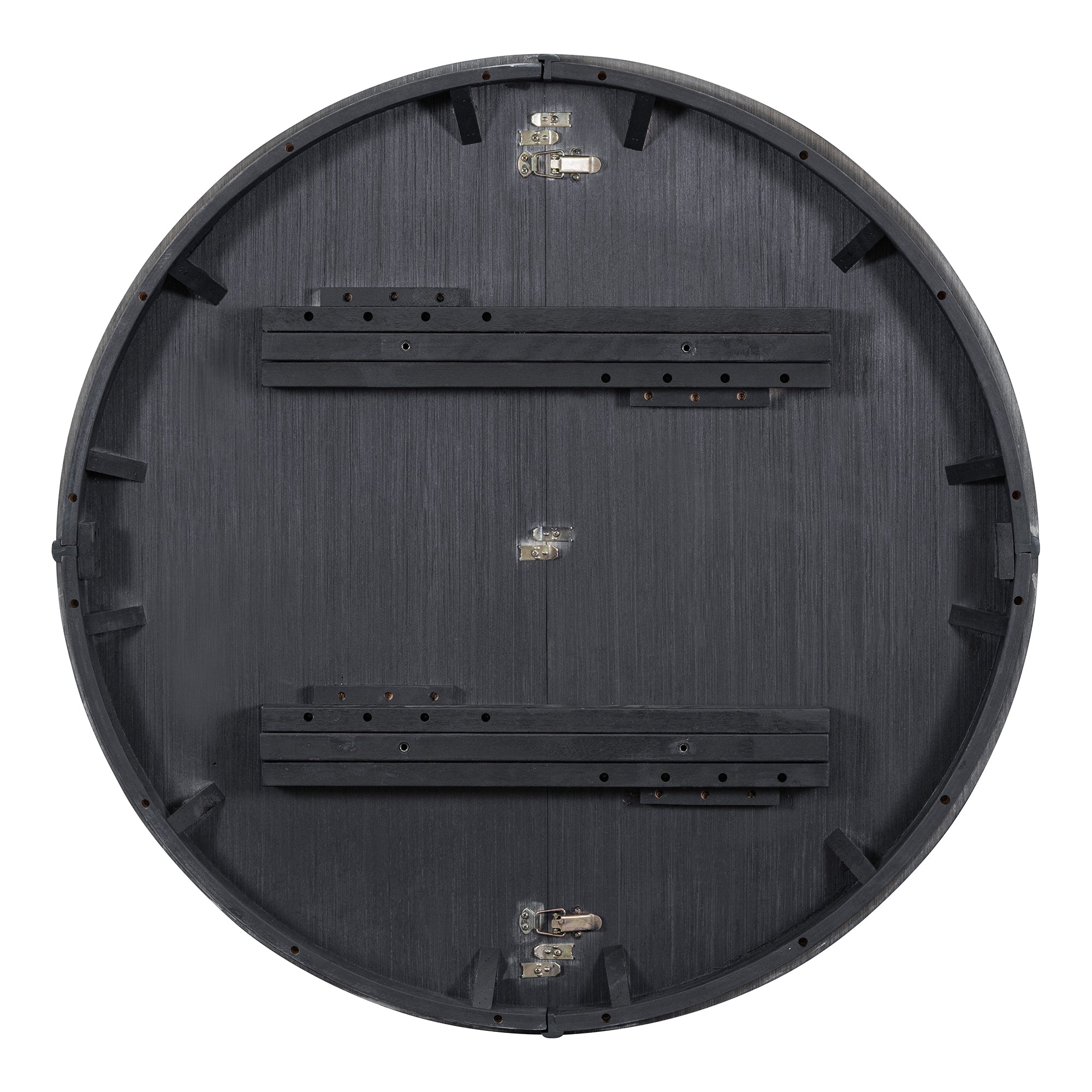 Underside of the round tabletop showing extension slide rails and metal latches