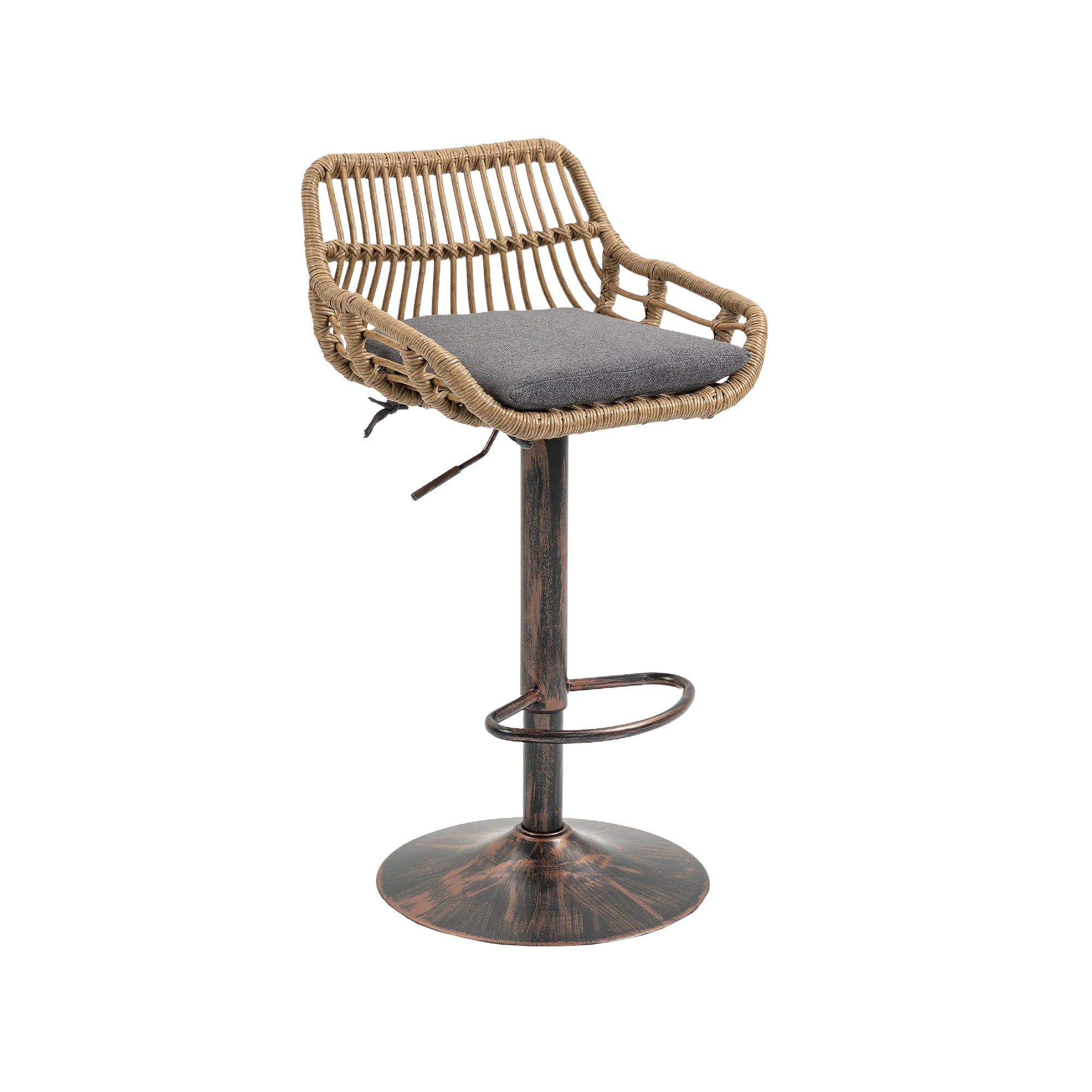 Bar Stools Set of 2, Woven Rattan, Gray Linen, Adjustable Swivel
