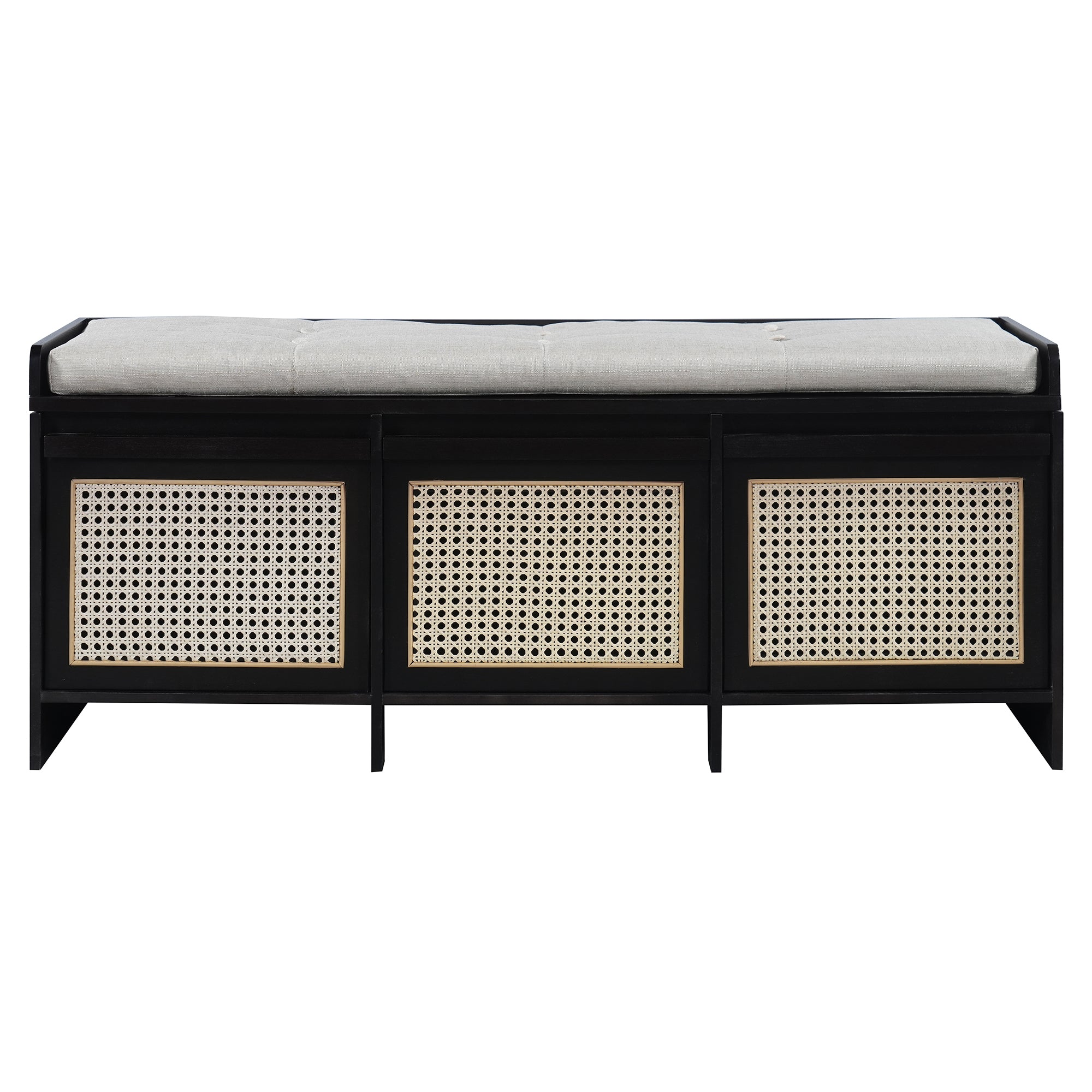 Retro Shoe Storage Bench, Black, 3 Cane Rattan Drawers, 48 in