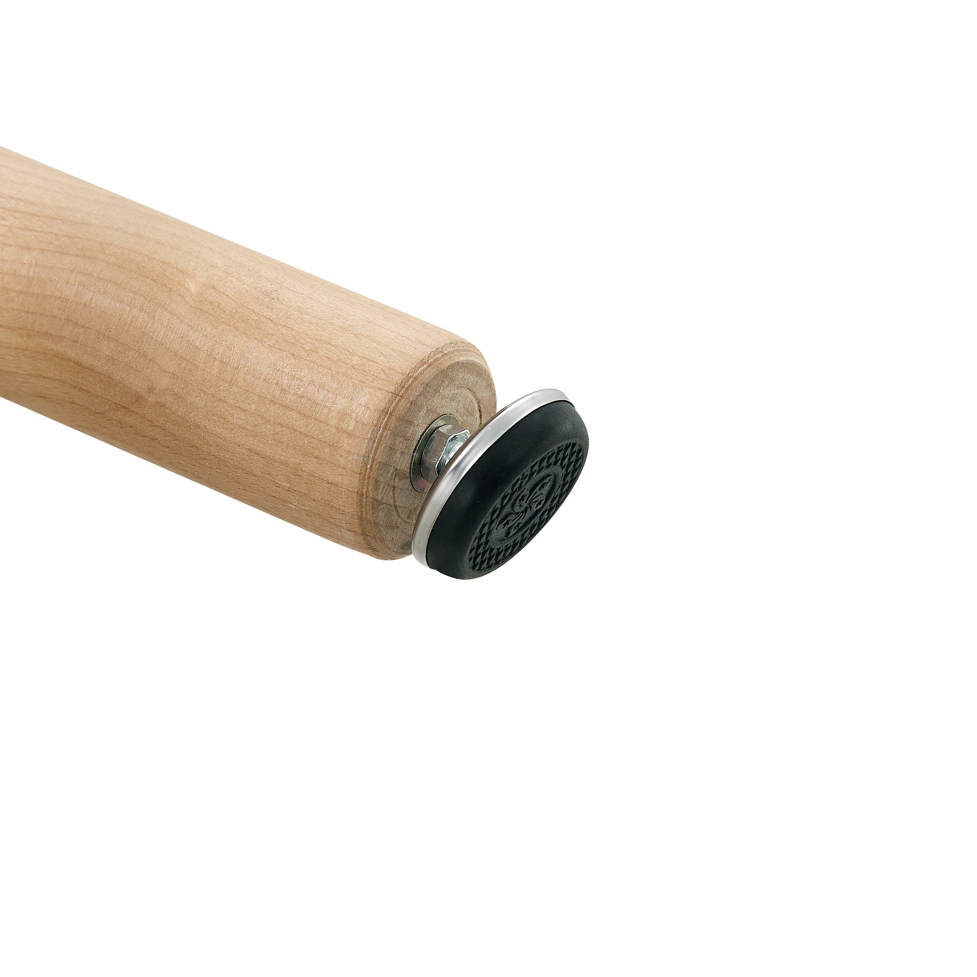 Close-up of a wood table leg with a metal-ringed rubber leveling foot, plain background