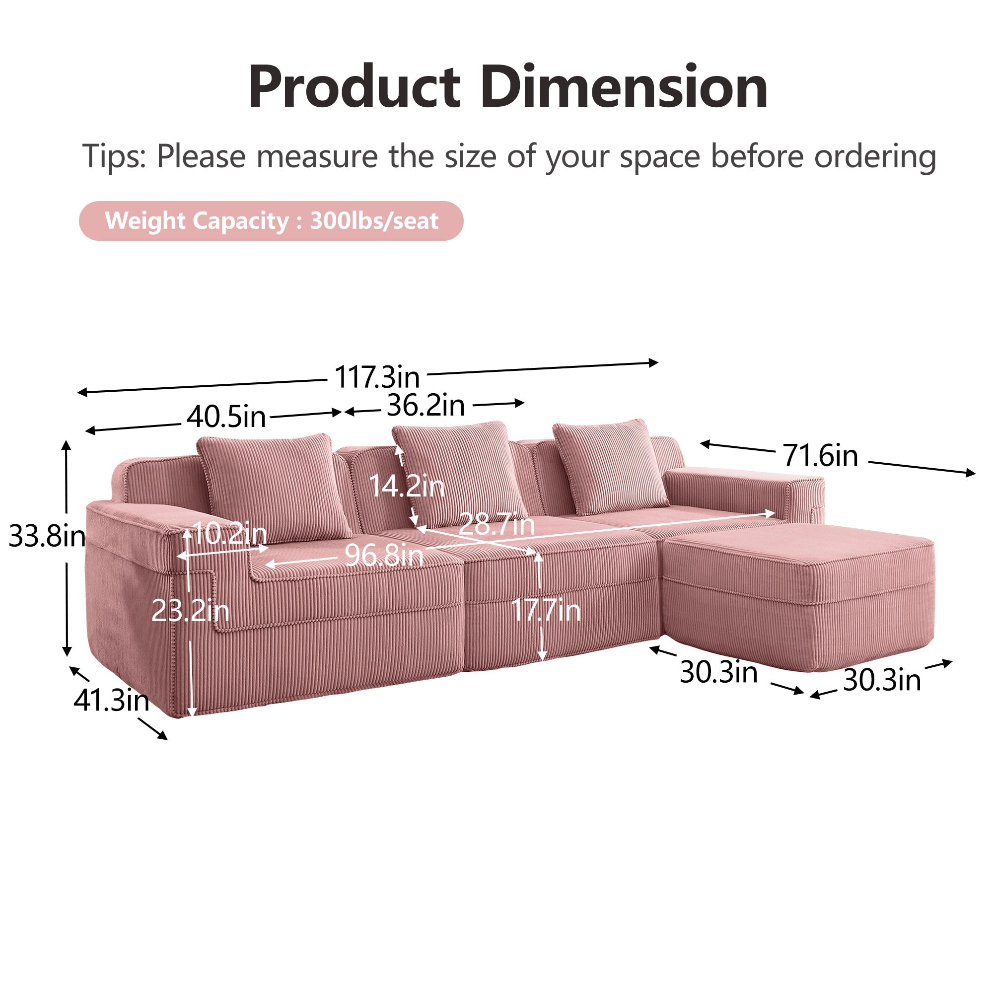 Hudson 3-Seat Boneless Couch in Pink #OttOnly_1 #Color_Pink