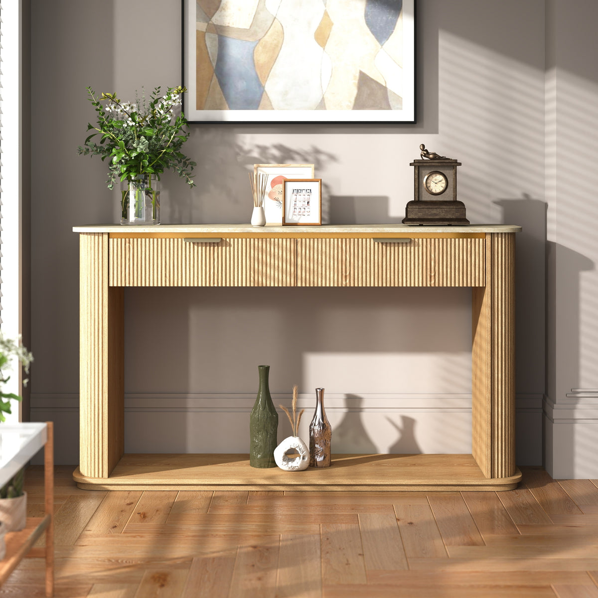 Natural Fluted Entryway Console Table, 2 Drawers, 63 in Wide