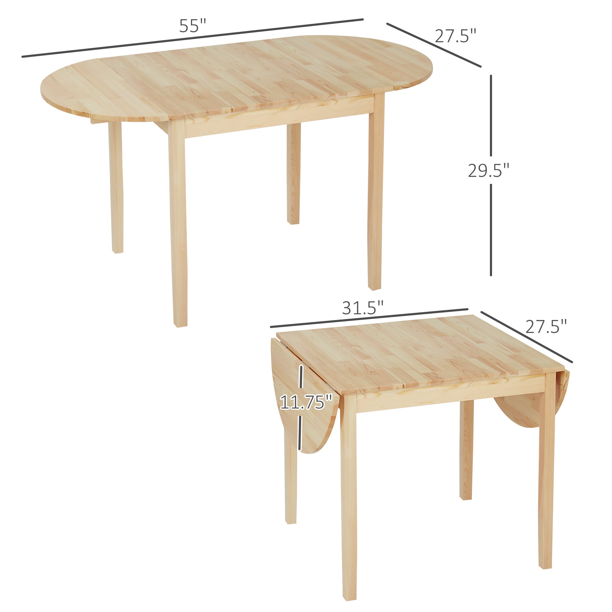 Dimension diagram of the pine drop-leaf dining table showing 55 inch extended and 31.5 inch folded widths