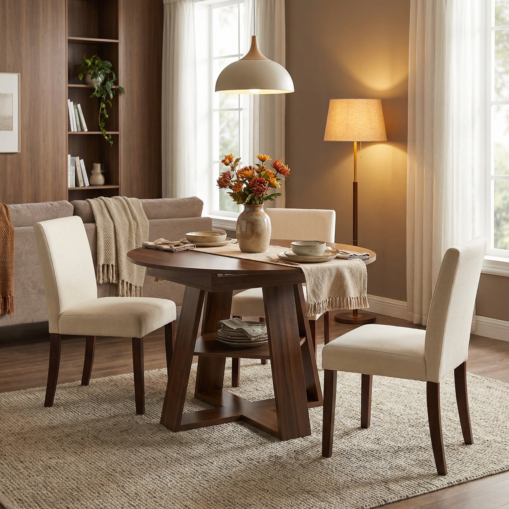 Styled living room with the walnut round dining table and cream upholstered chairs