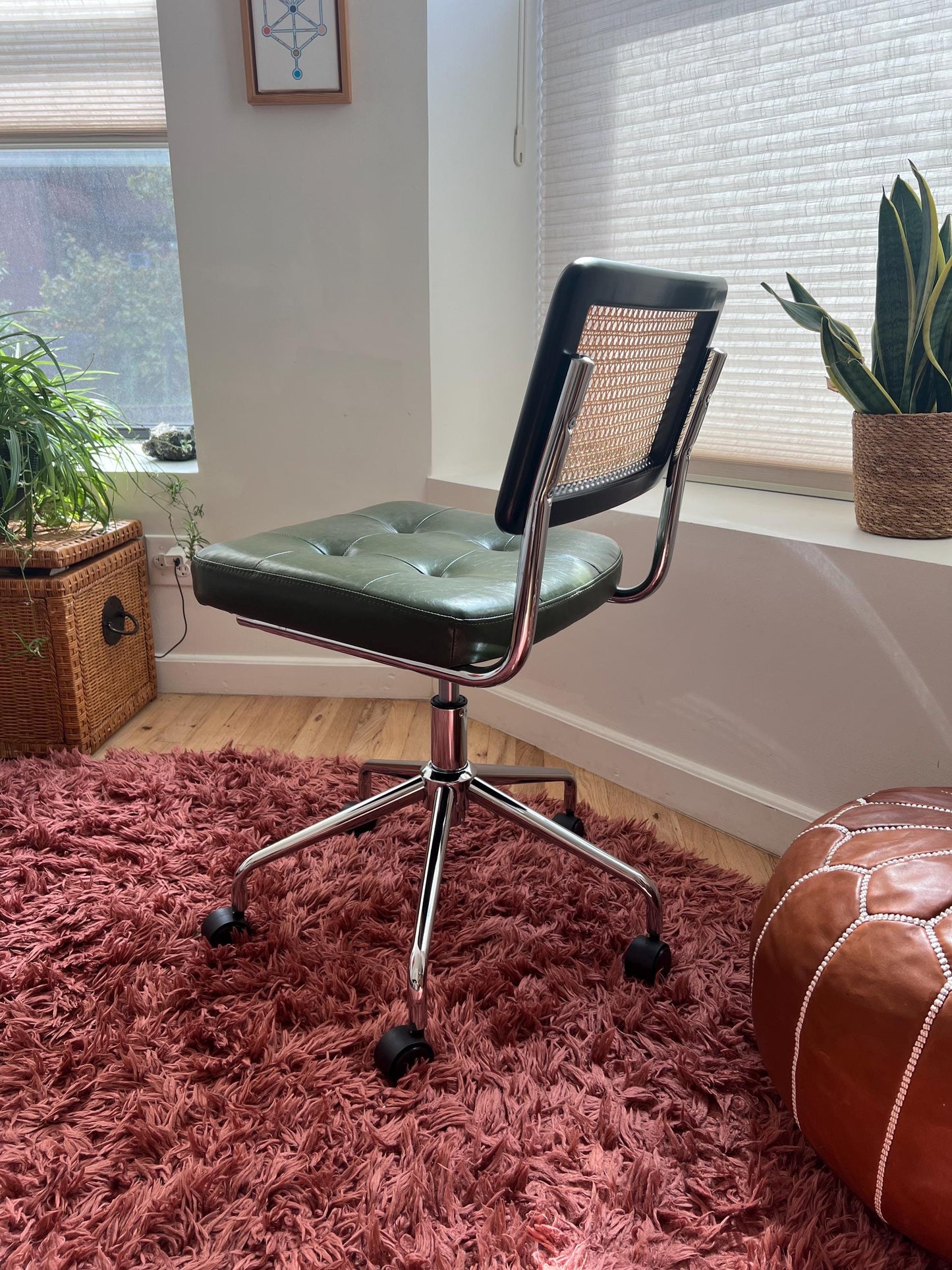 Mid Century Modern Office Chair – Rattan, Vegan Leather & Stainless Steel