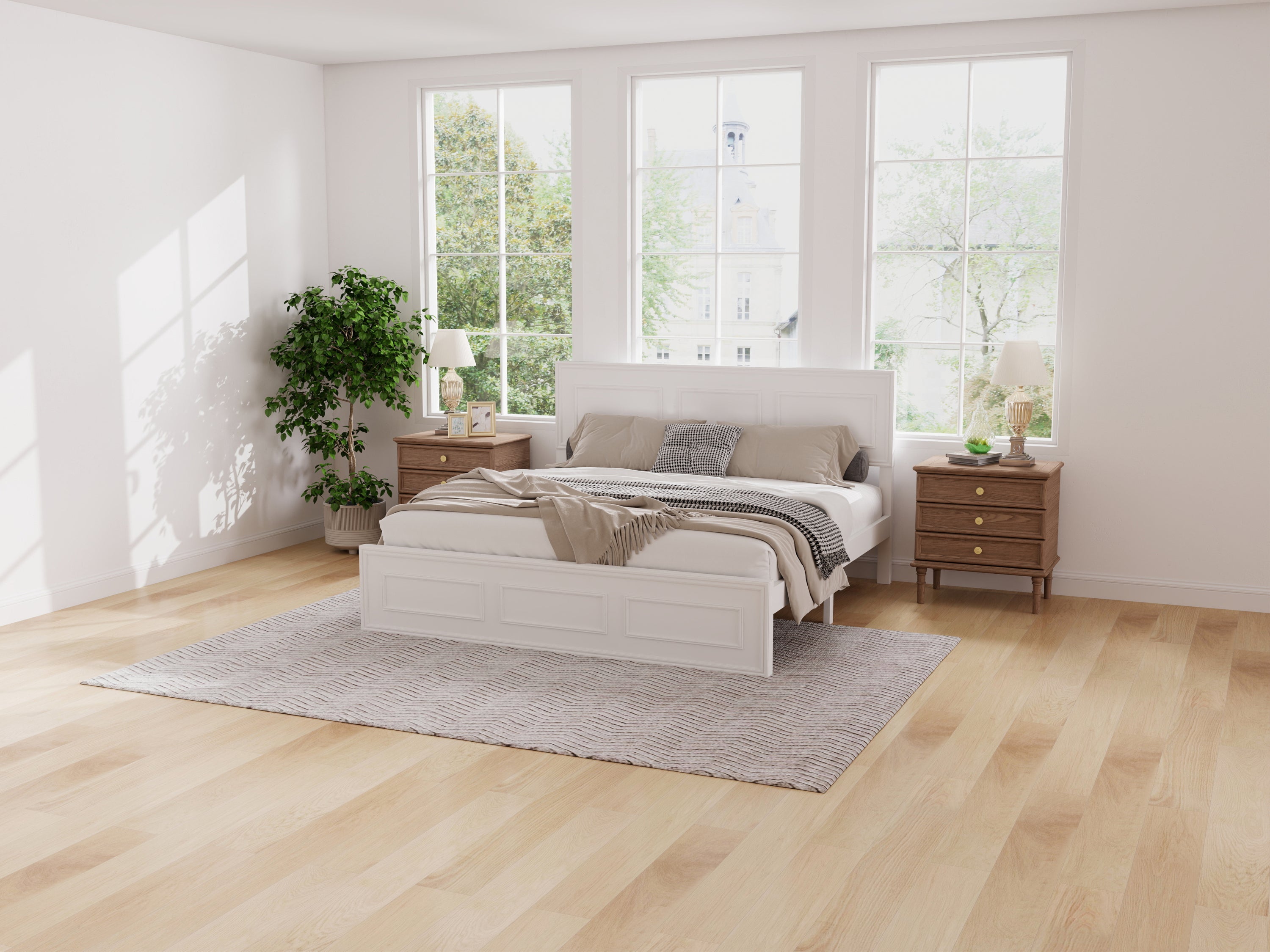 White panel queen bed frame with layered bedding, flanked by wood nightstands and table lamps #Color_White