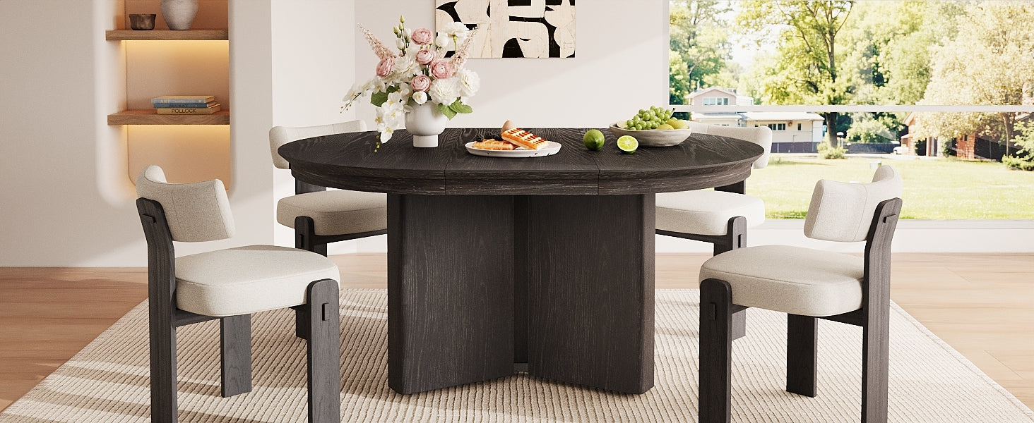 Extended oval espresso table with four cream chairs and lit shelving