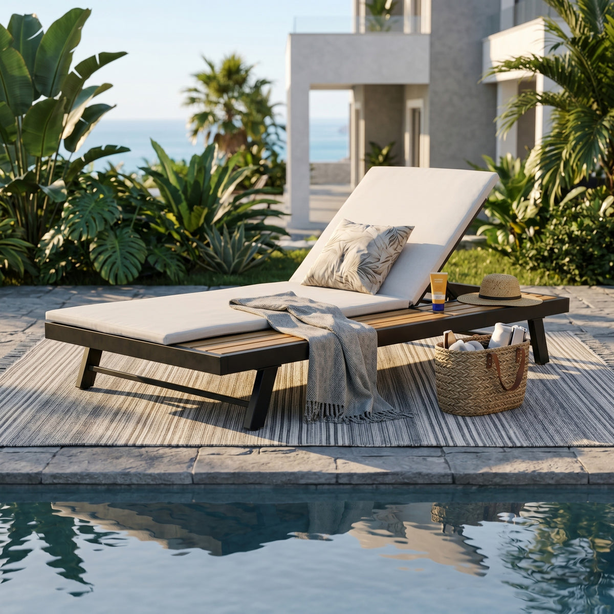 Black Metal Adjustable Outdoor Chaise Lounge with Cream 2-Fold Cushion