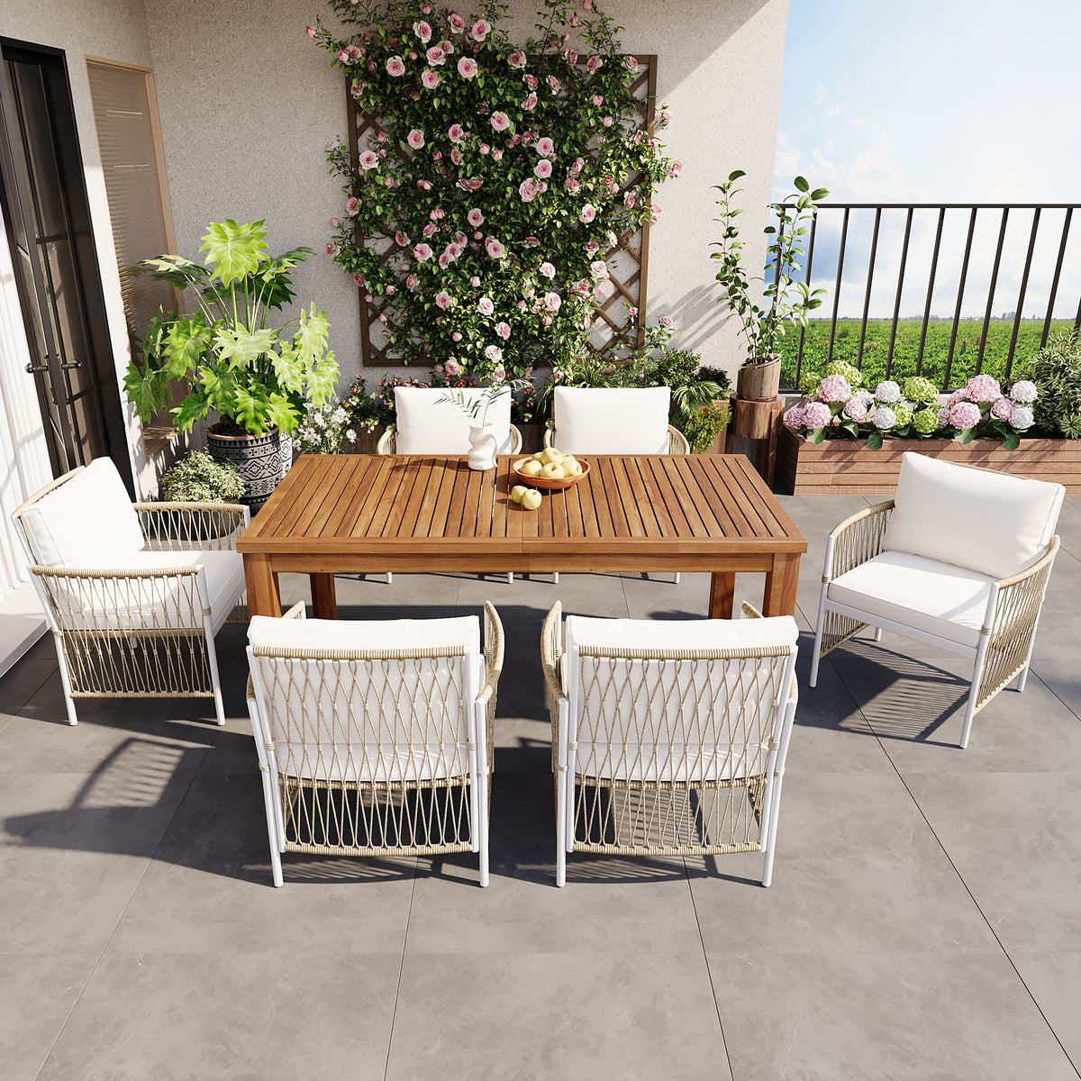 7-Piece Patio Dining Set for 6 with Beige Cushions