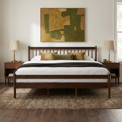 Walnut pine king bed with lamps and abstract art above headboard