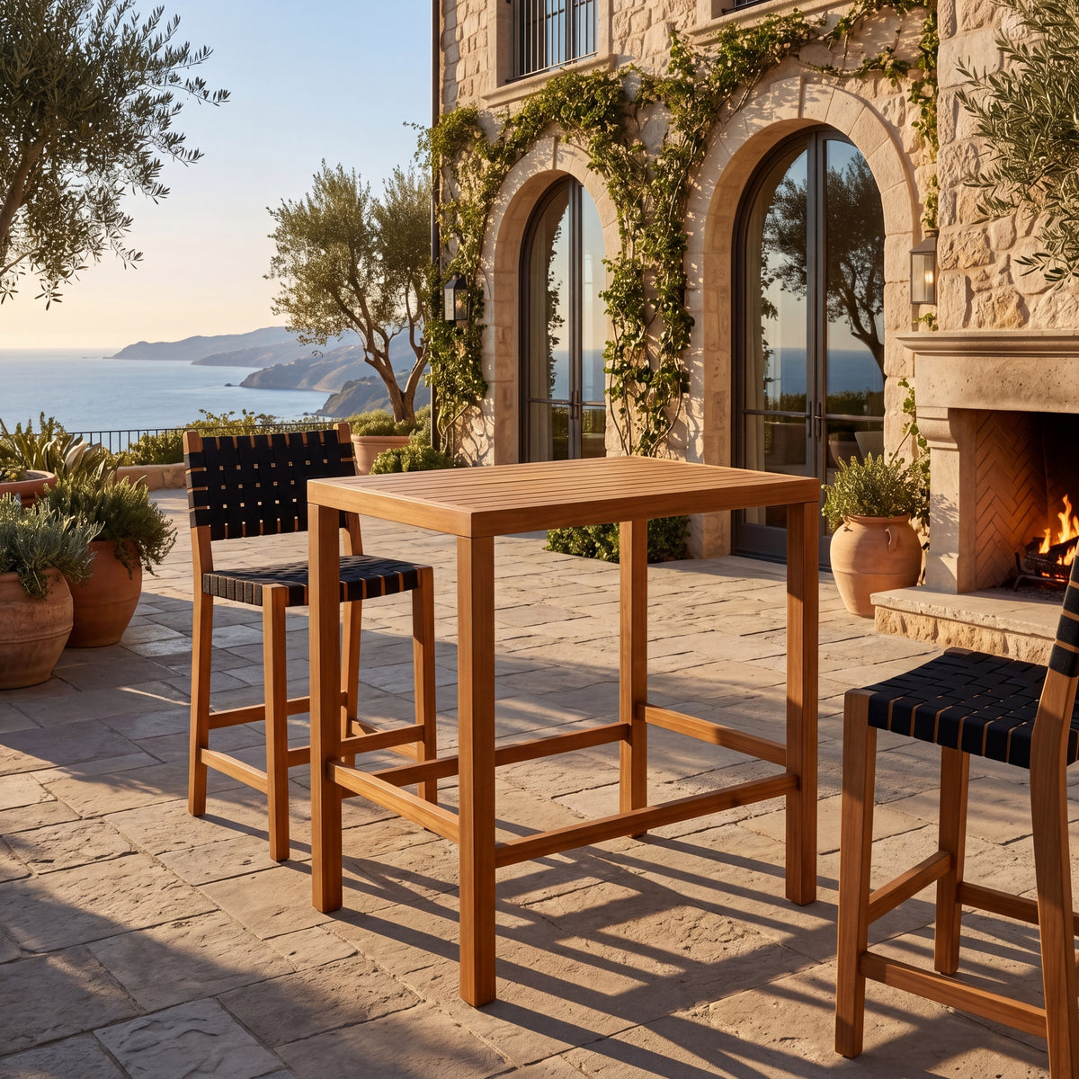 Teak Finish Solid Wood Outdoor Bar Table, 35 in Wide
