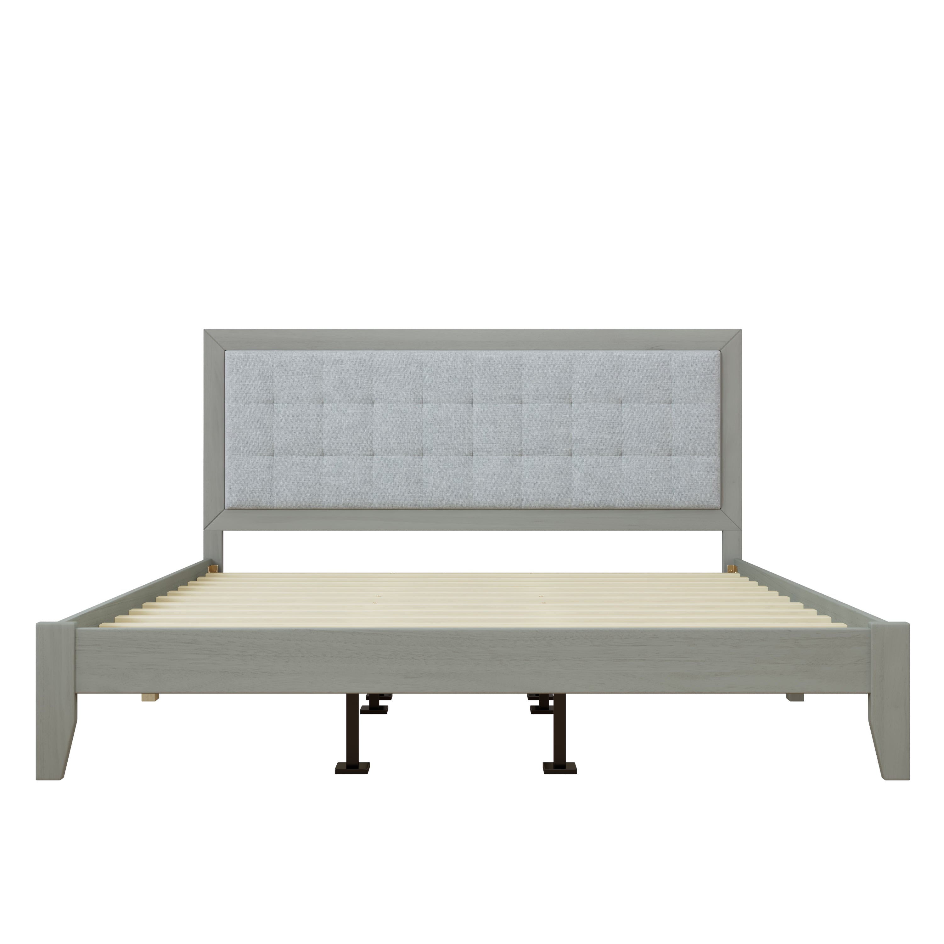 Solid Wood California King Bed with Upholstered Headboard, Gray