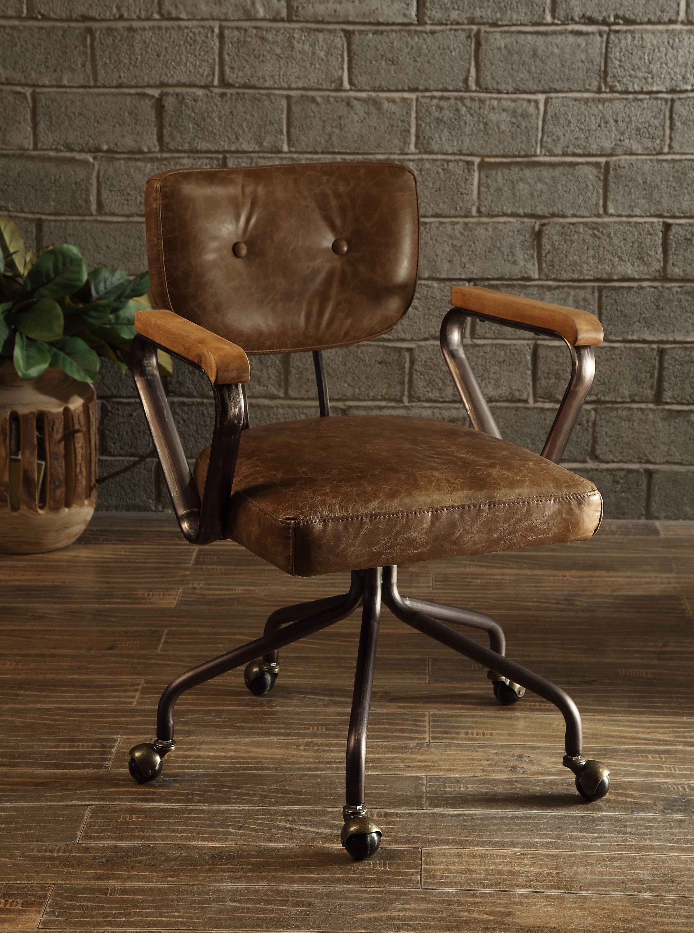 Vintage Office Chair, 220 lb Capacity, Brown, 24 in Deep