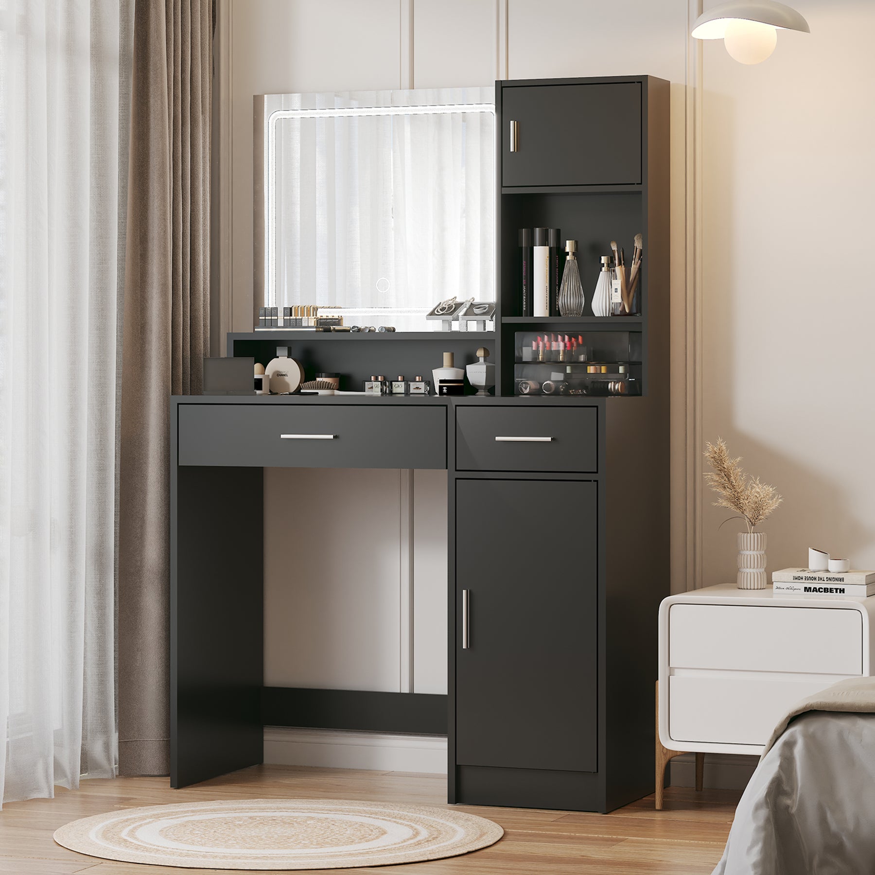 Vanity Desk with Mirror and LED Lights, Black