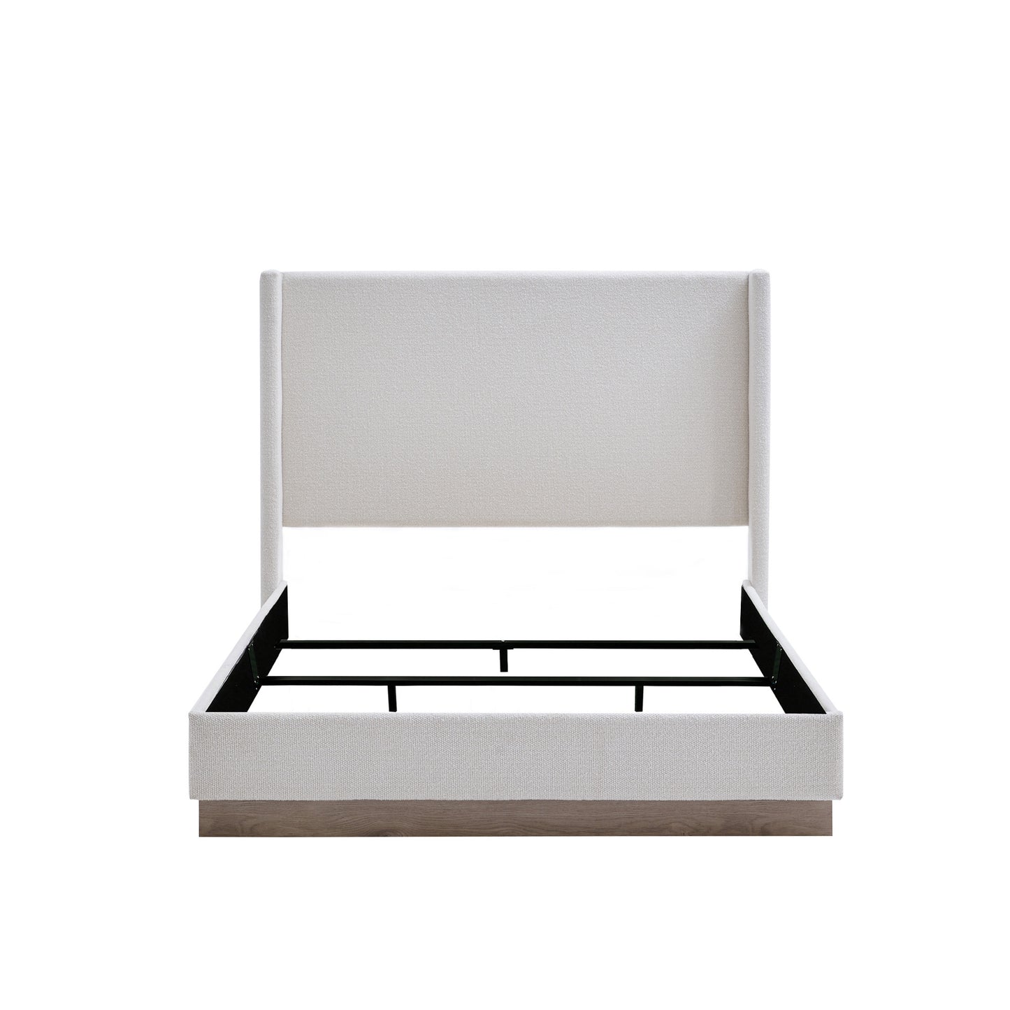 Cream boucle king bed with tall wingback headboard, bedroom view