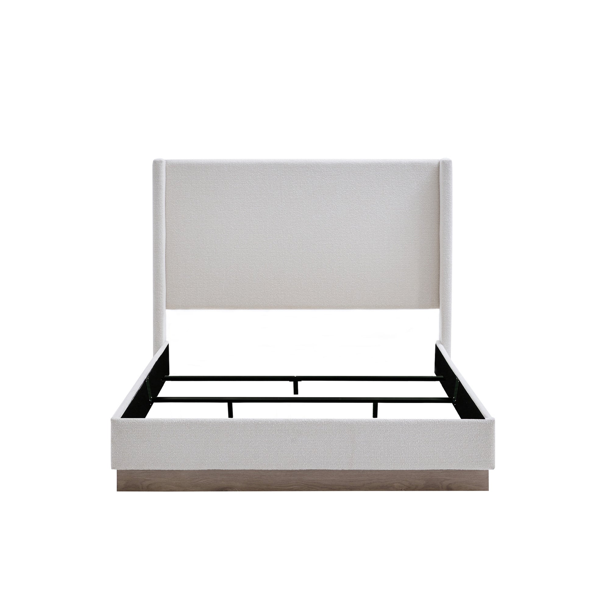Cream boucle king bed with tall wingback headboard, bedroom view