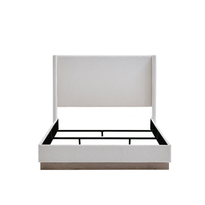 Cream boucle king bed with tall wingback headboard, bedroom view